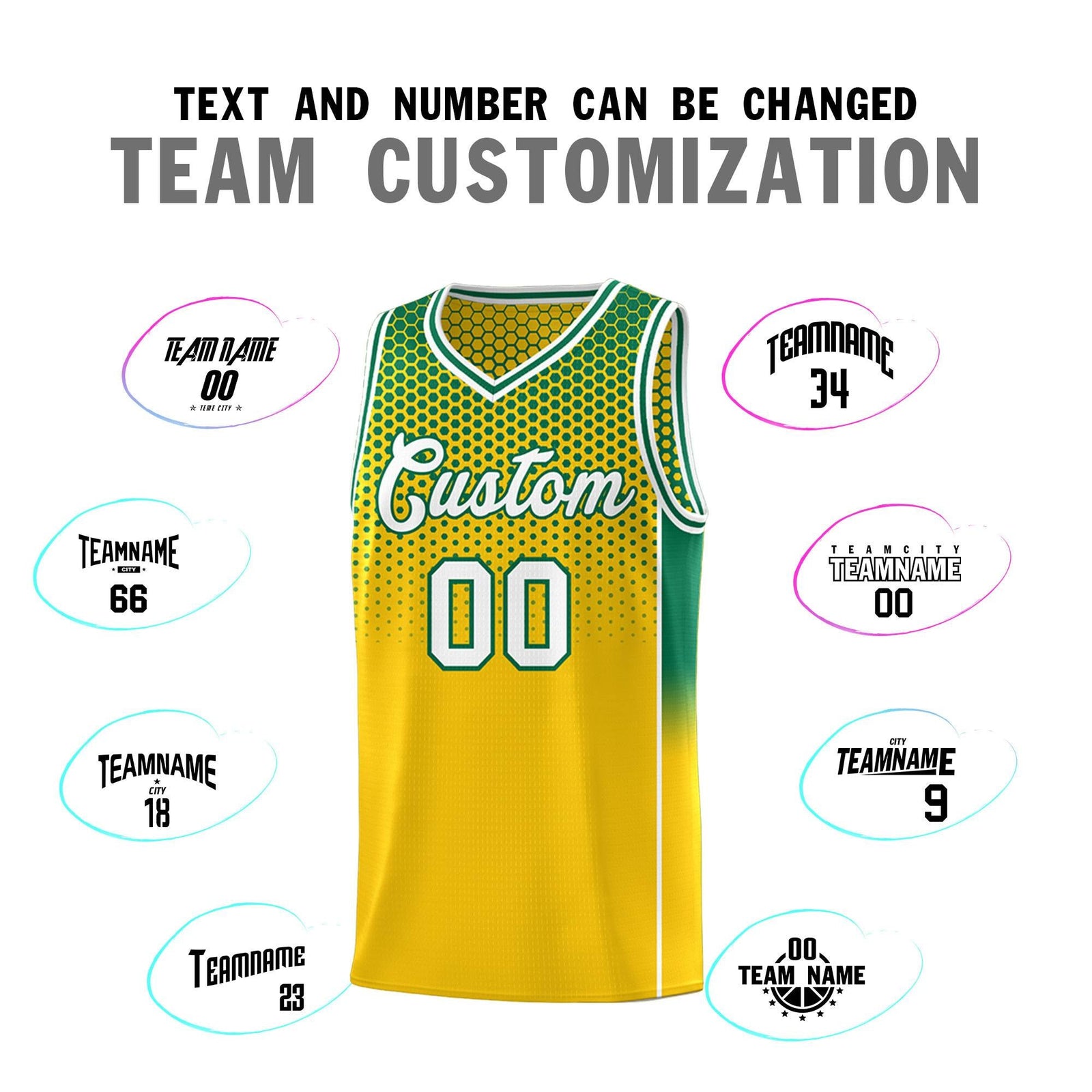 Custom Gold Kelly Green Reversible Side Gradient Sports Uniform Dot Pattern Basketball Jersey Kits
