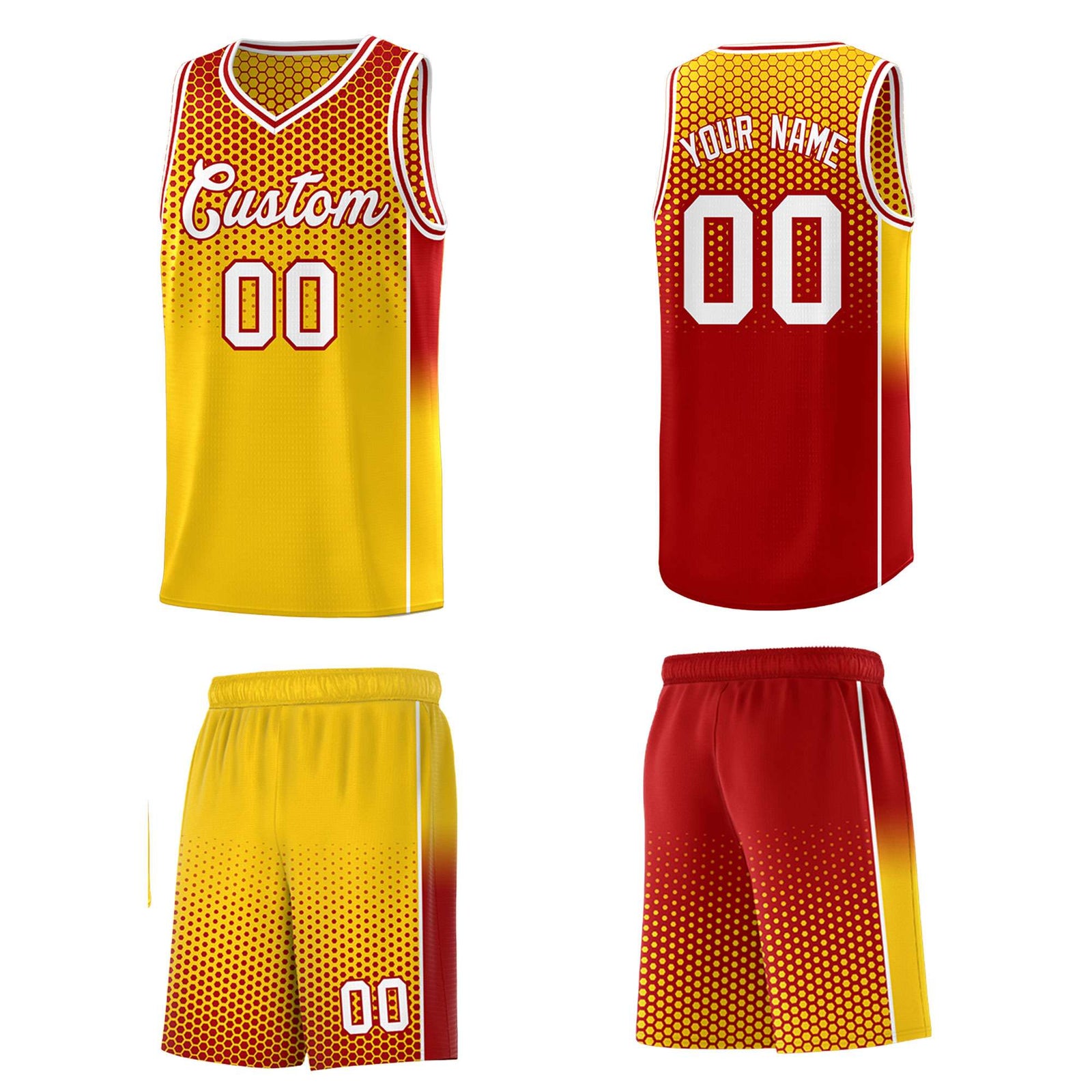 Custom Gold Red Reversible Side Gradient Sports Uniform Dot Pattern Basketball Jersey Kits
