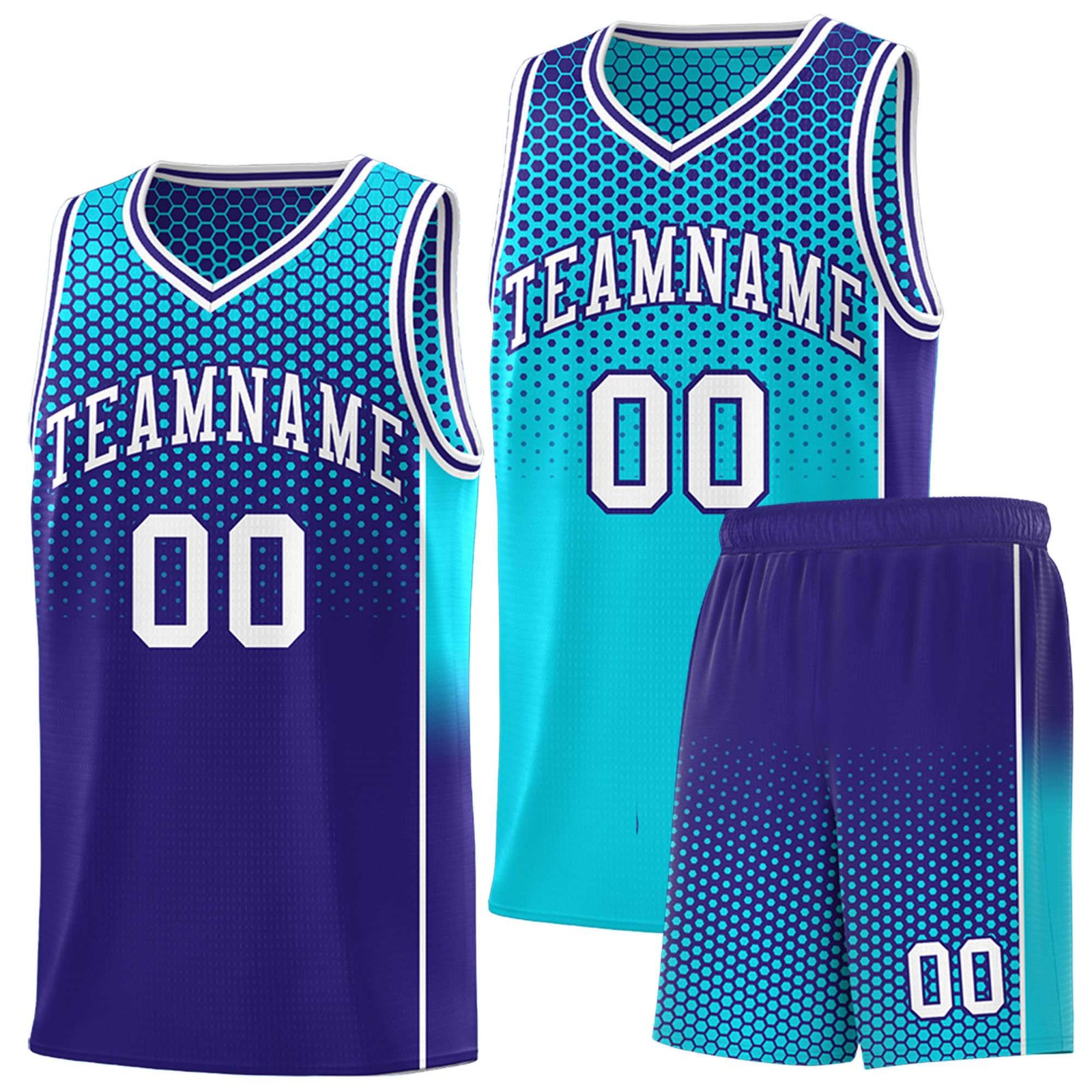 Custom Sky Blue Navy Reversible Side Gradient Sports Uniform Dot Pattern Basketball Jersey Kits
