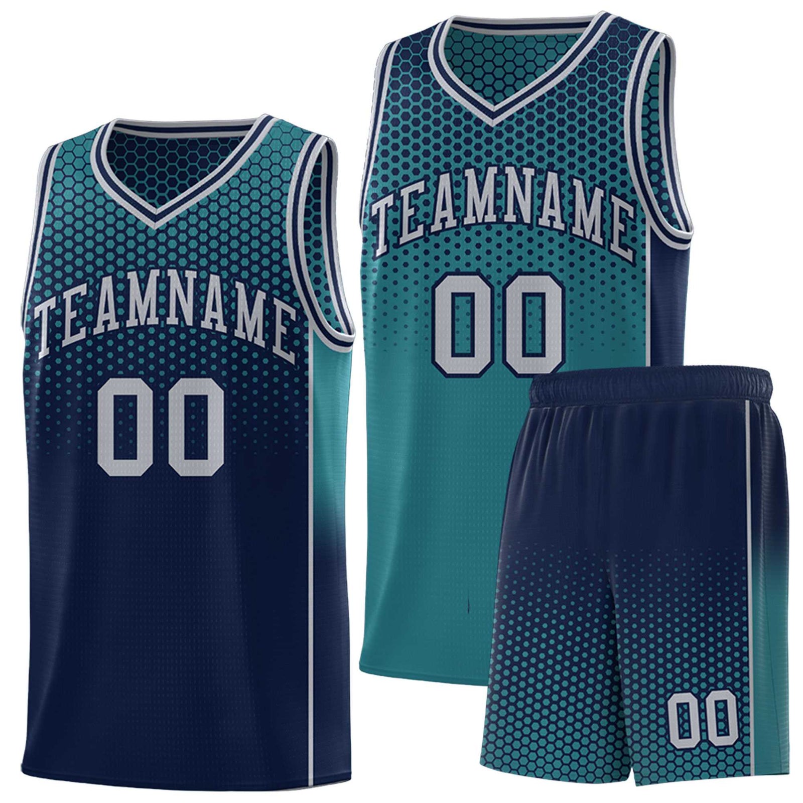 Custom Aqua Navy Reversible Side Gradient Sports Uniform Dot Pattern Basketball Jersey Kits