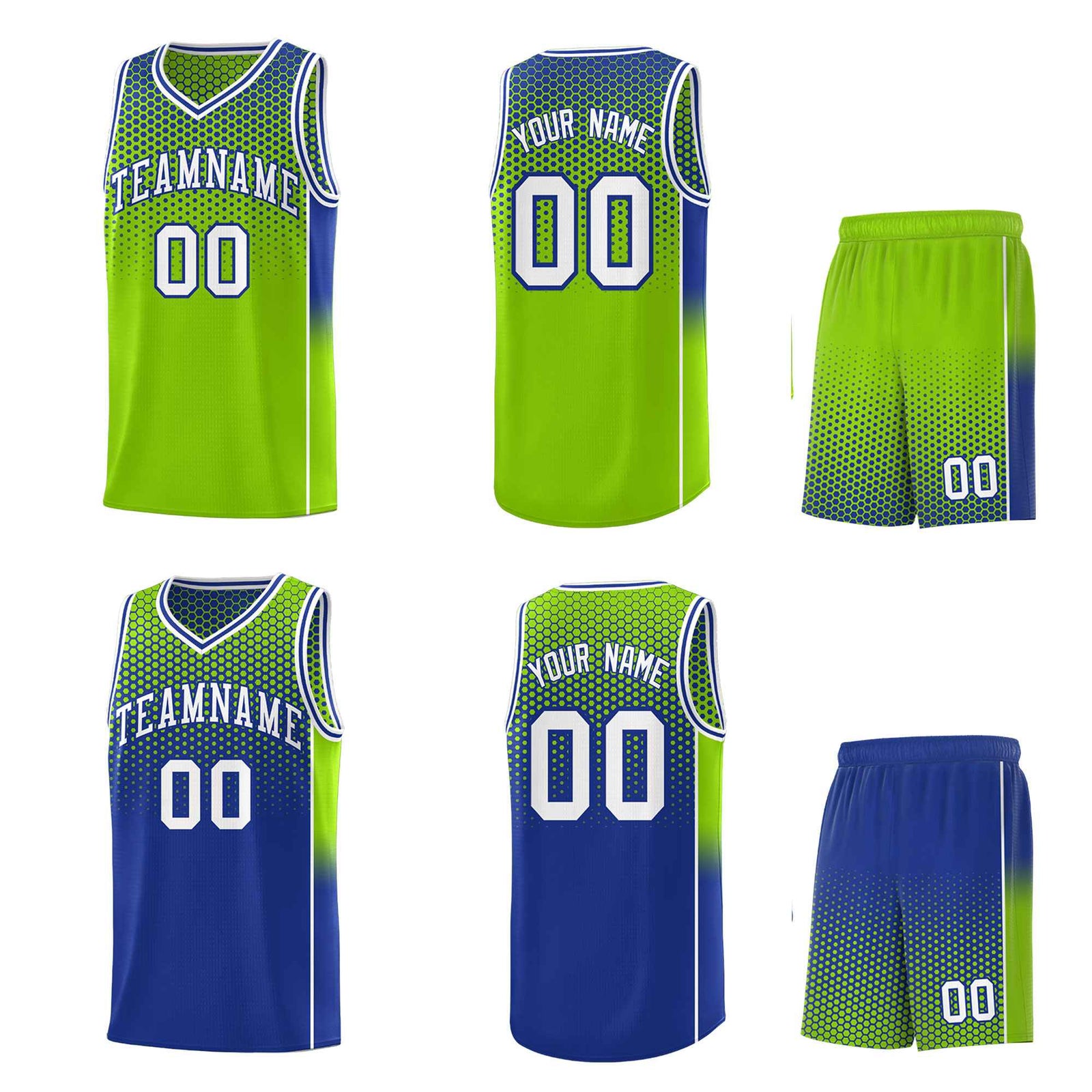 Custom Neon Green Royal Reversible Side Gradient Sports Uniform Dot Pattern Basketball Jersey Kits