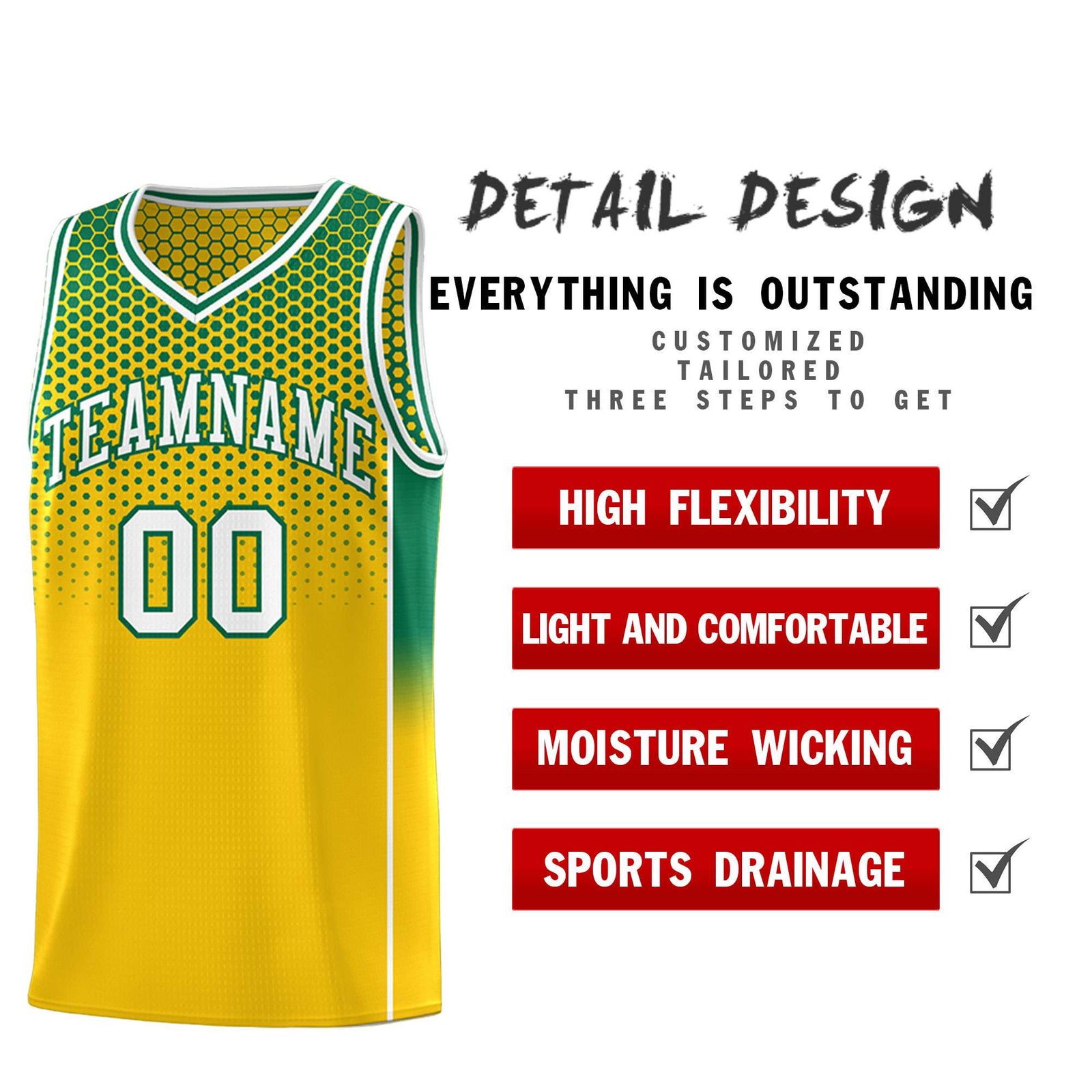 Custom Gold Kelly Green Reversible Side Gradient Sports Uniform Dot Pattern Basketball Jersey Kits