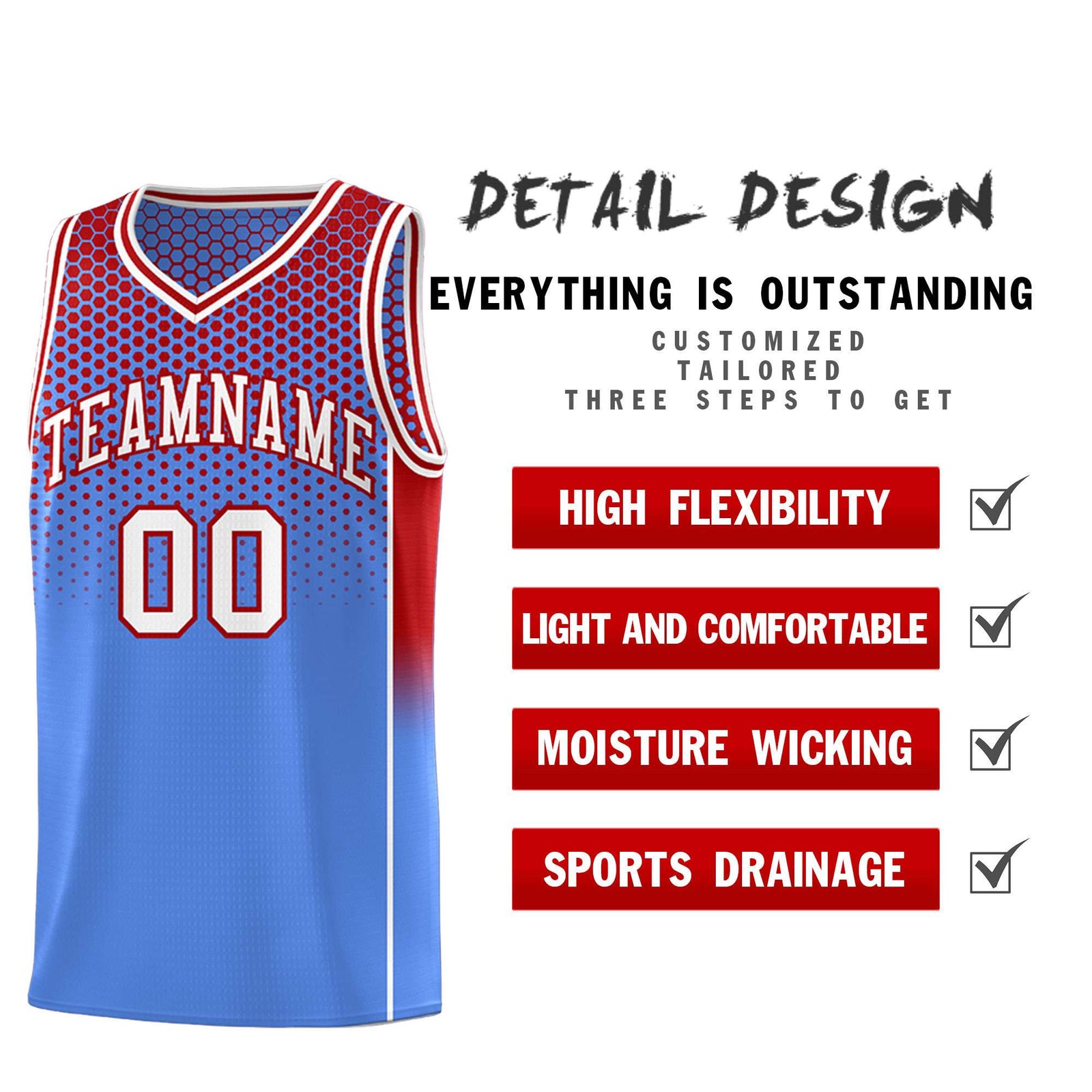 Custom Light Blue Red Reversible Side Gradient Sports Uniform Dot Pattern Basketball Jersey Kits