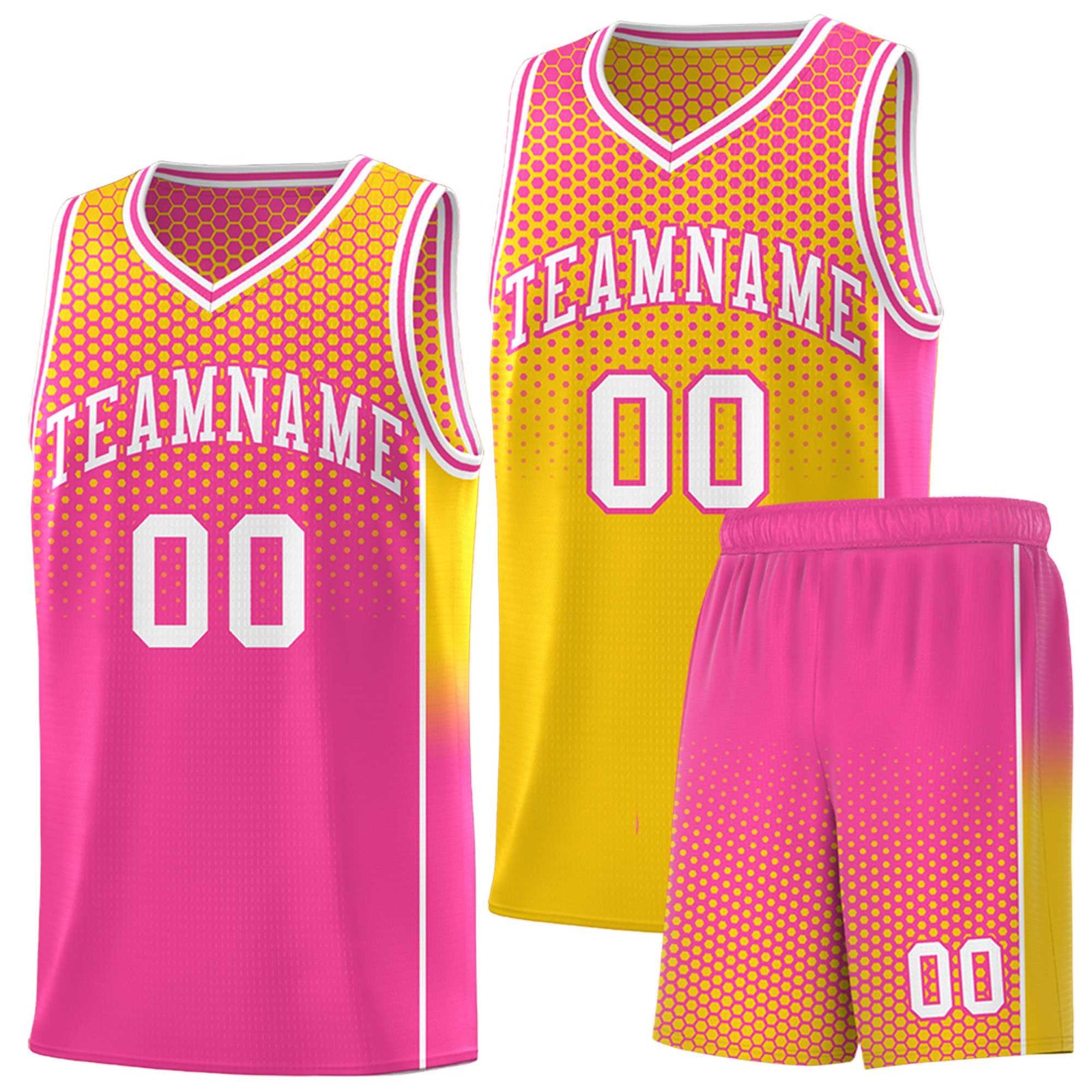 Custom Gold Pink Reversible Side Gradient Sports Uniform Dot Pattern Basketball Jersey Kits