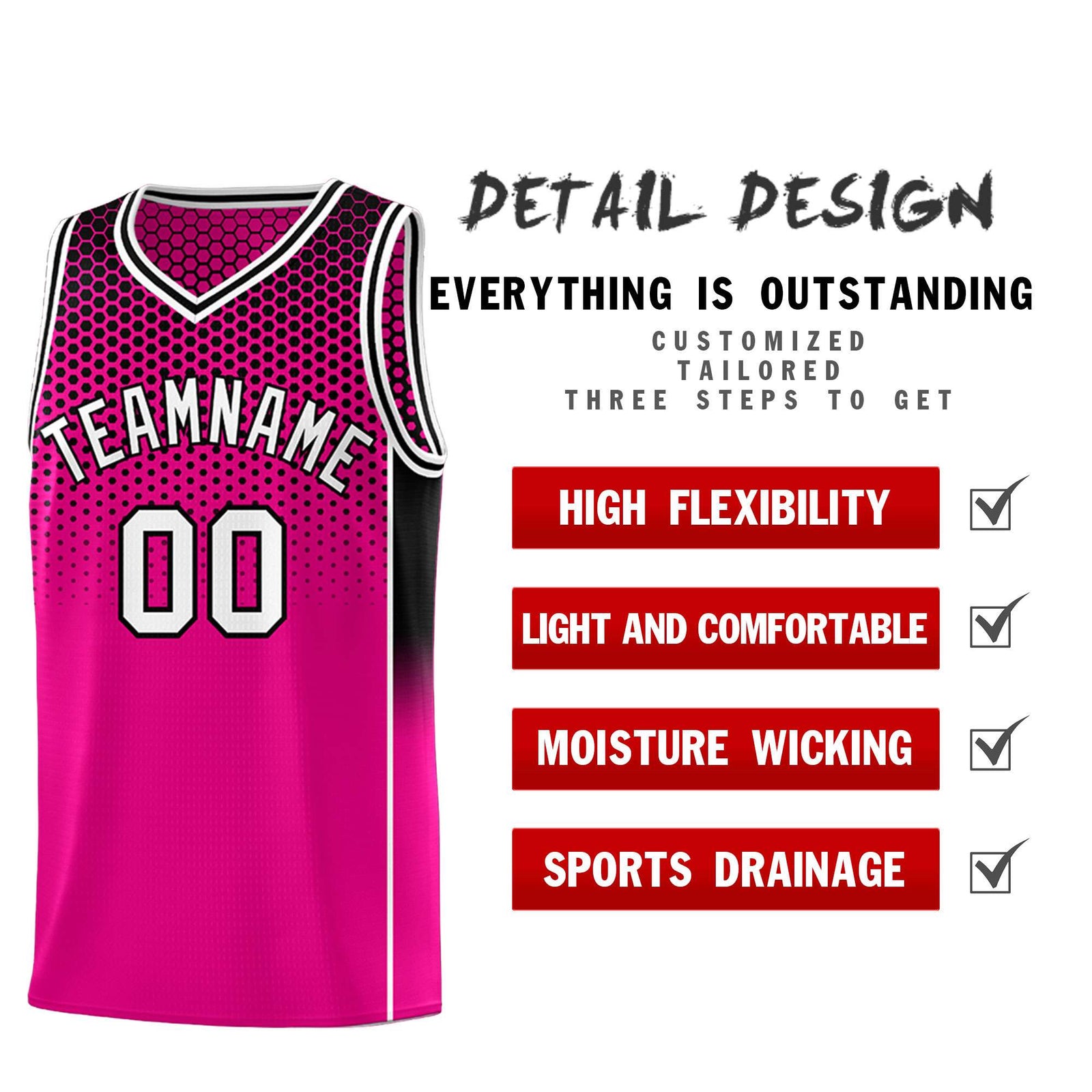 Custom Rose Red Black Reversible Side Gradient Sports Uniform Dot Pattern Basketball Jersey Kits