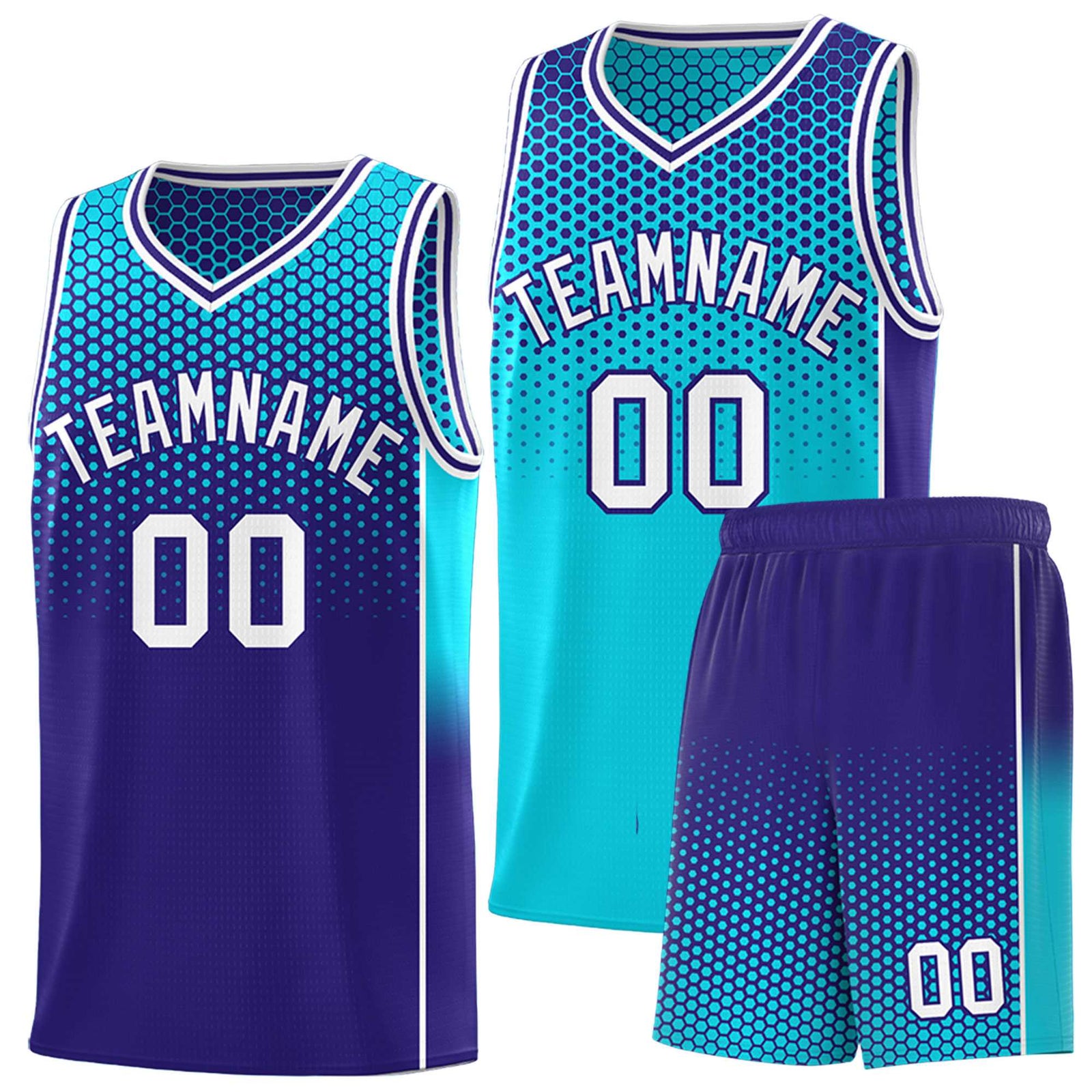 Custom Sky Blue Navy Reversible Side Gradient Sports Uniform Dot Pattern Basketball Jersey Kits