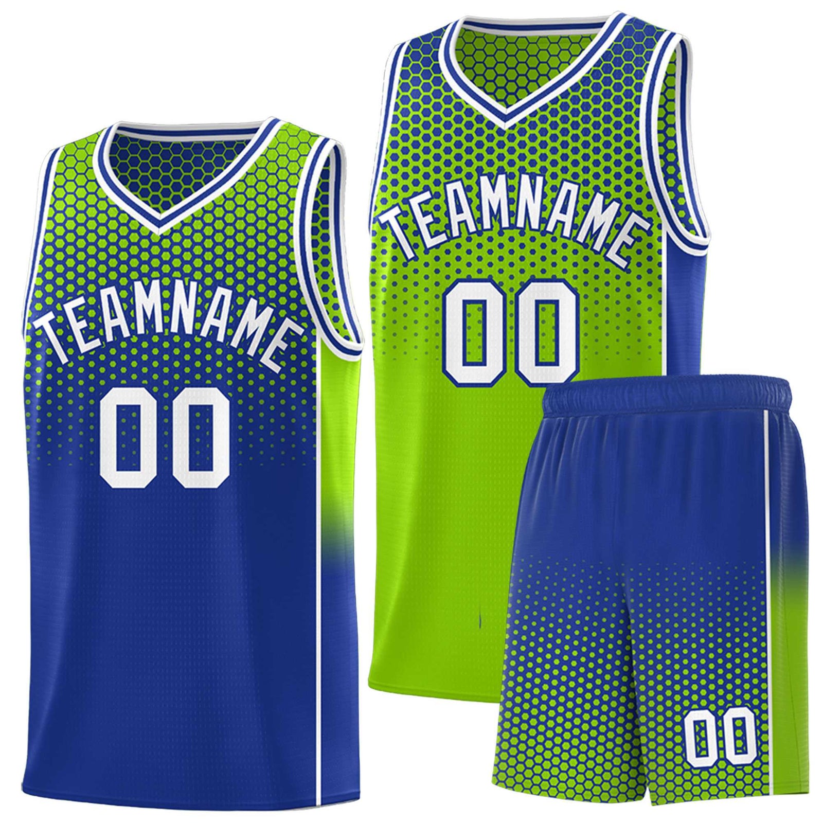 Custom Neon Green Royal Reversible Side Gradient Sports Uniform Dot Pattern Basketball Jersey Kits