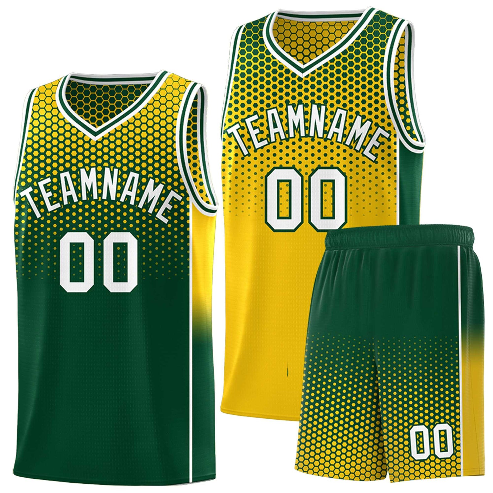 Custom Gold Green Reversible Side Gradient Sports Uniform Dot Pattern Basketball Jersey Kits