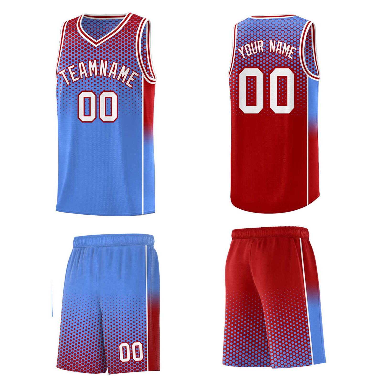 Custom Light Blue Red Reversible Side Gradient Sports Uniform Dot Pattern Basketball Jersey Kits