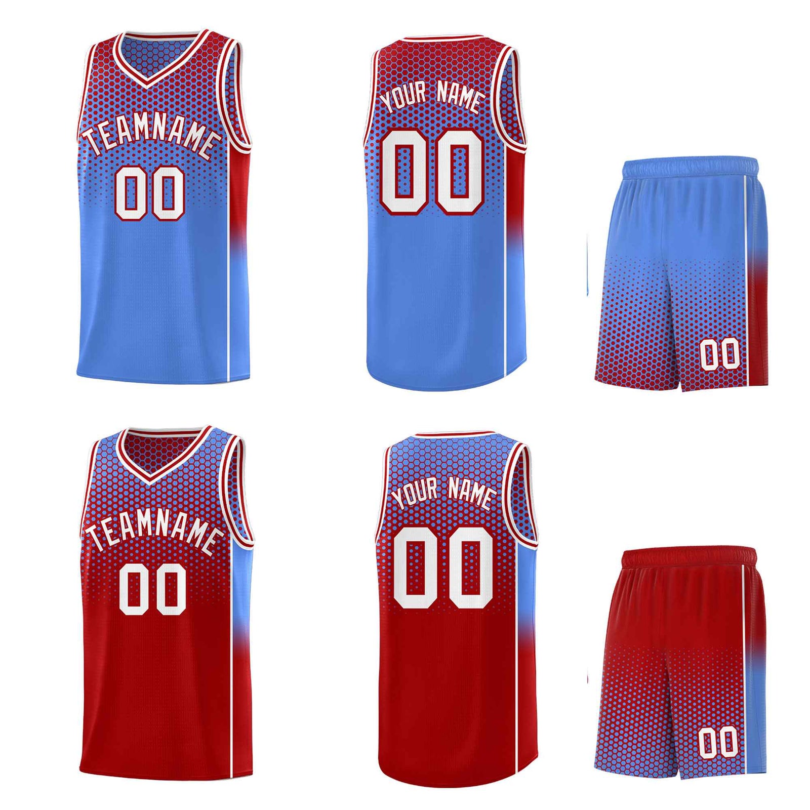 Custom Light Blue Red Reversible Side Gradient Sports Uniform Dot Pattern Basketball Jersey Kits