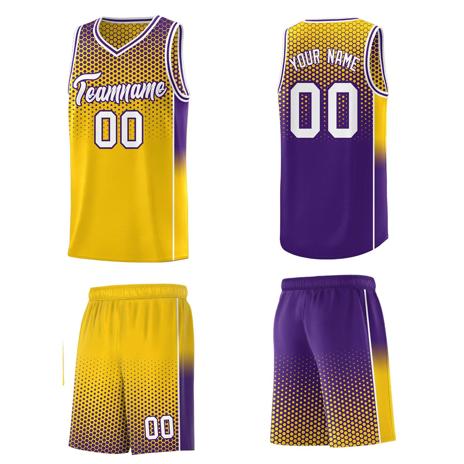 Custom Gold Purple Reversible Side Gradient Sports Uniform Dot Pattern Basketball Jersey Kits