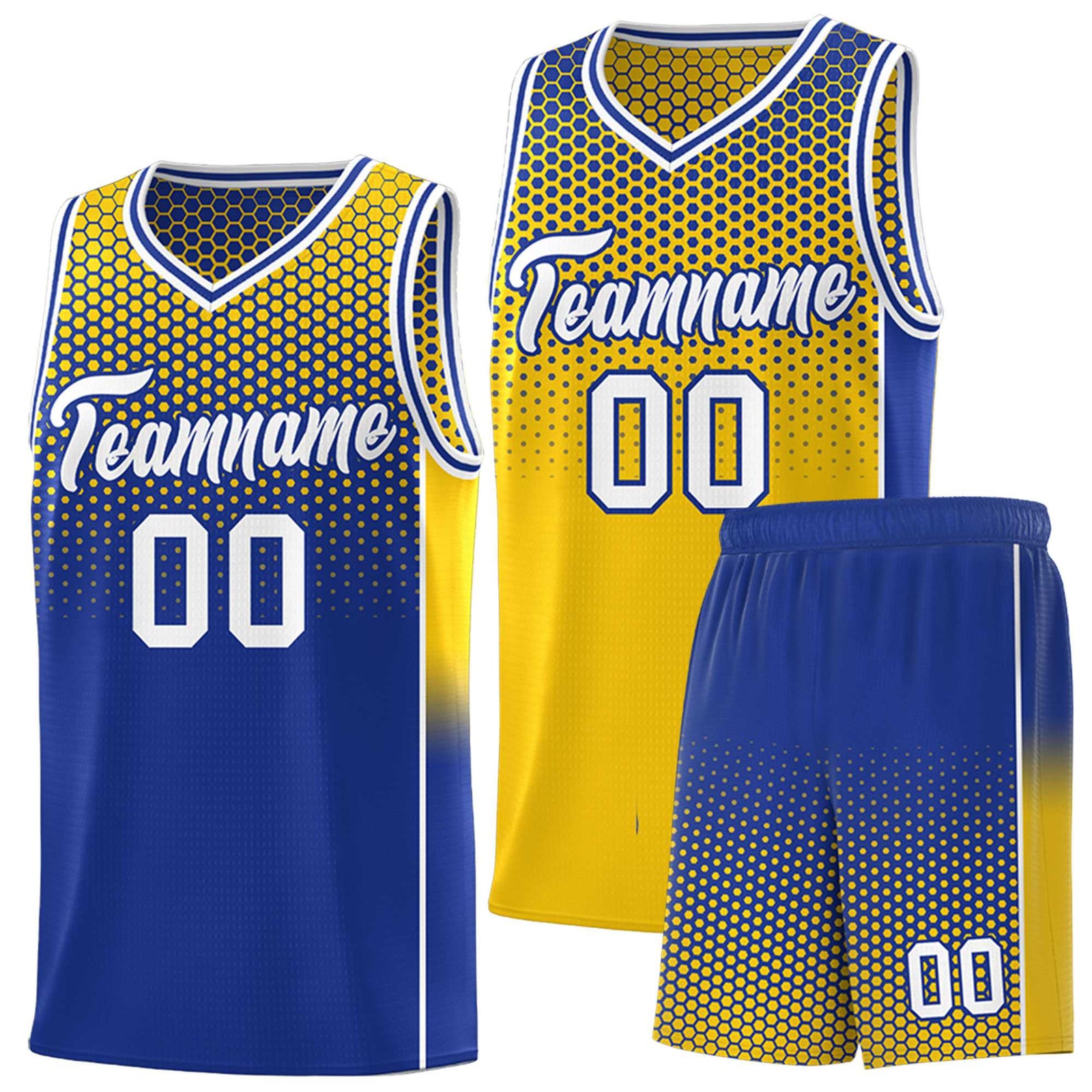 Custom Gold Royal Reversible Side Gradient Sports Uniform Dot Pattern Basketball Jersey Kits