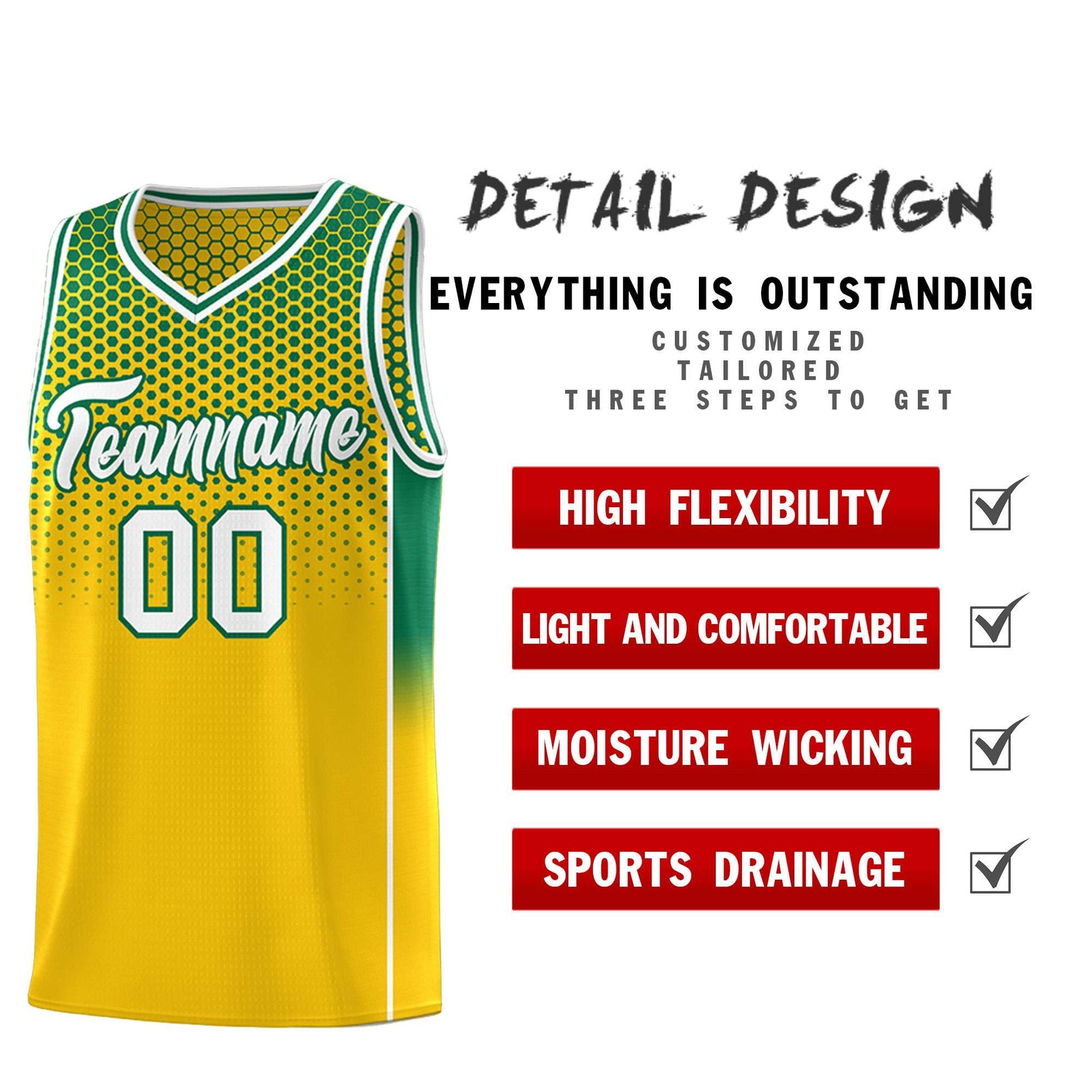 Custom Gold Kelly Green Reversible Side Gradient Sports Uniform Dot Pattern Basketball Jersey Kits