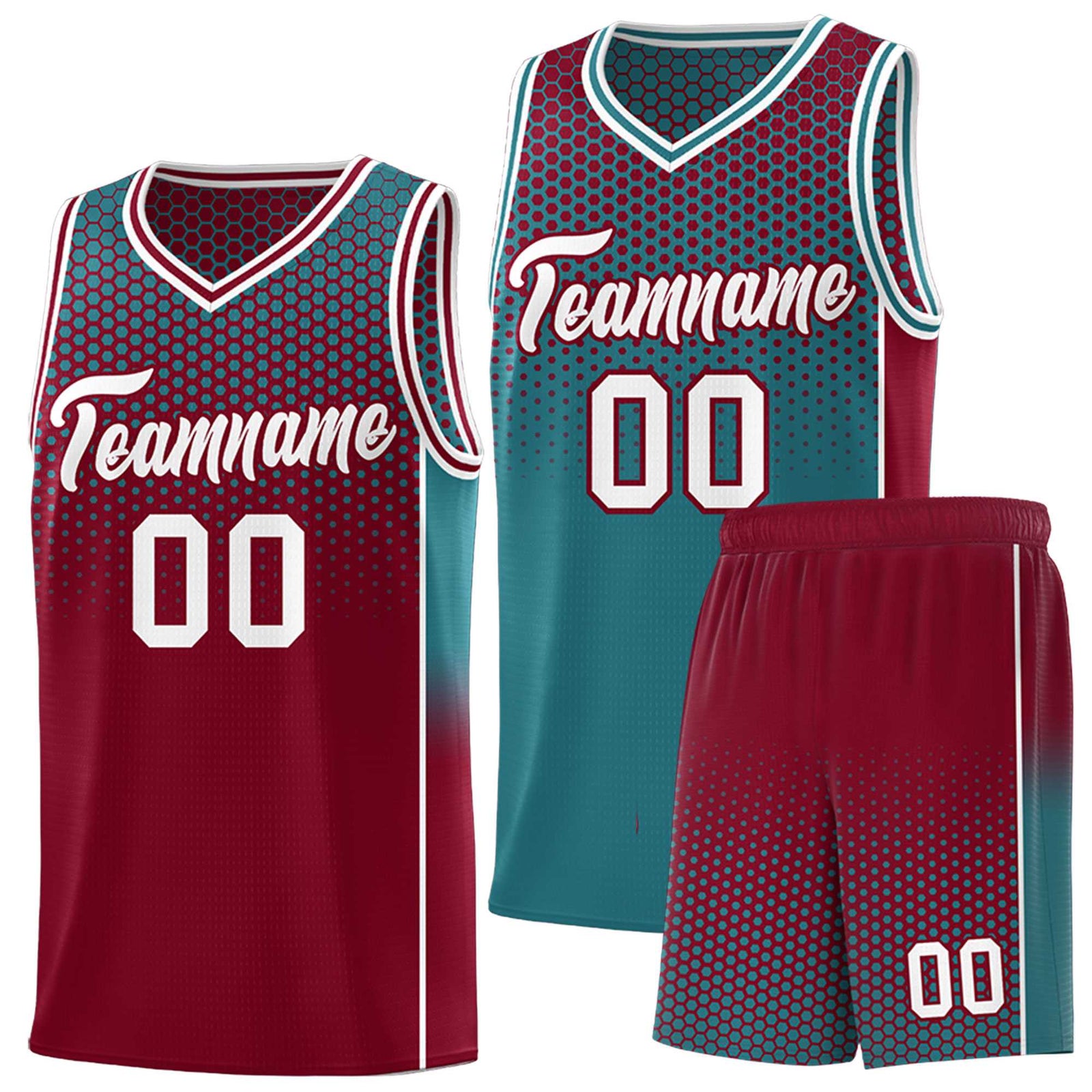 Custom Teal Crimson Reversible Side Gradient Sports Uniform Dot Pattern Basketball Jersey Kits