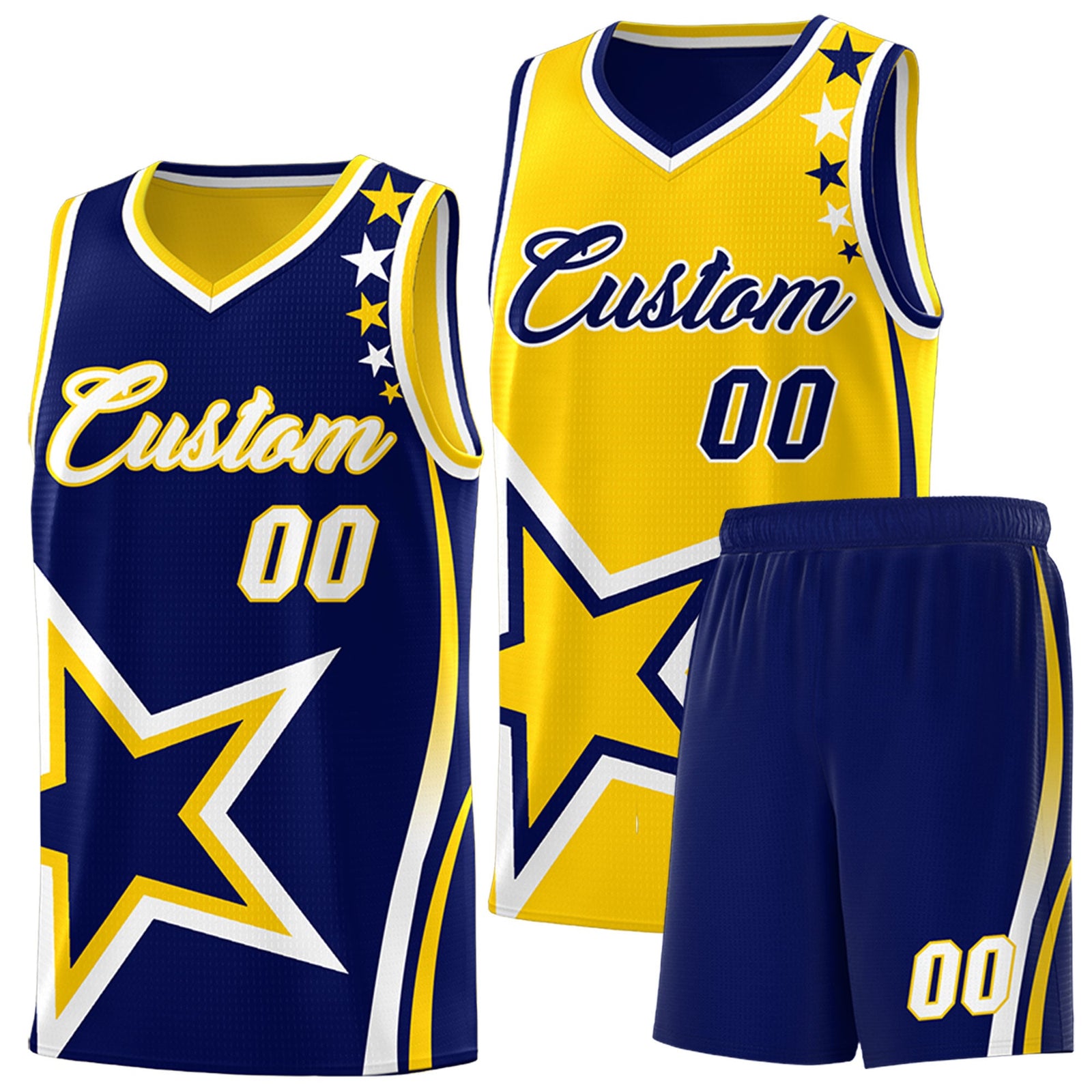 Custom Navy Gold White Star Series Reversible Sets Basketball Jersey| KXKSHOP