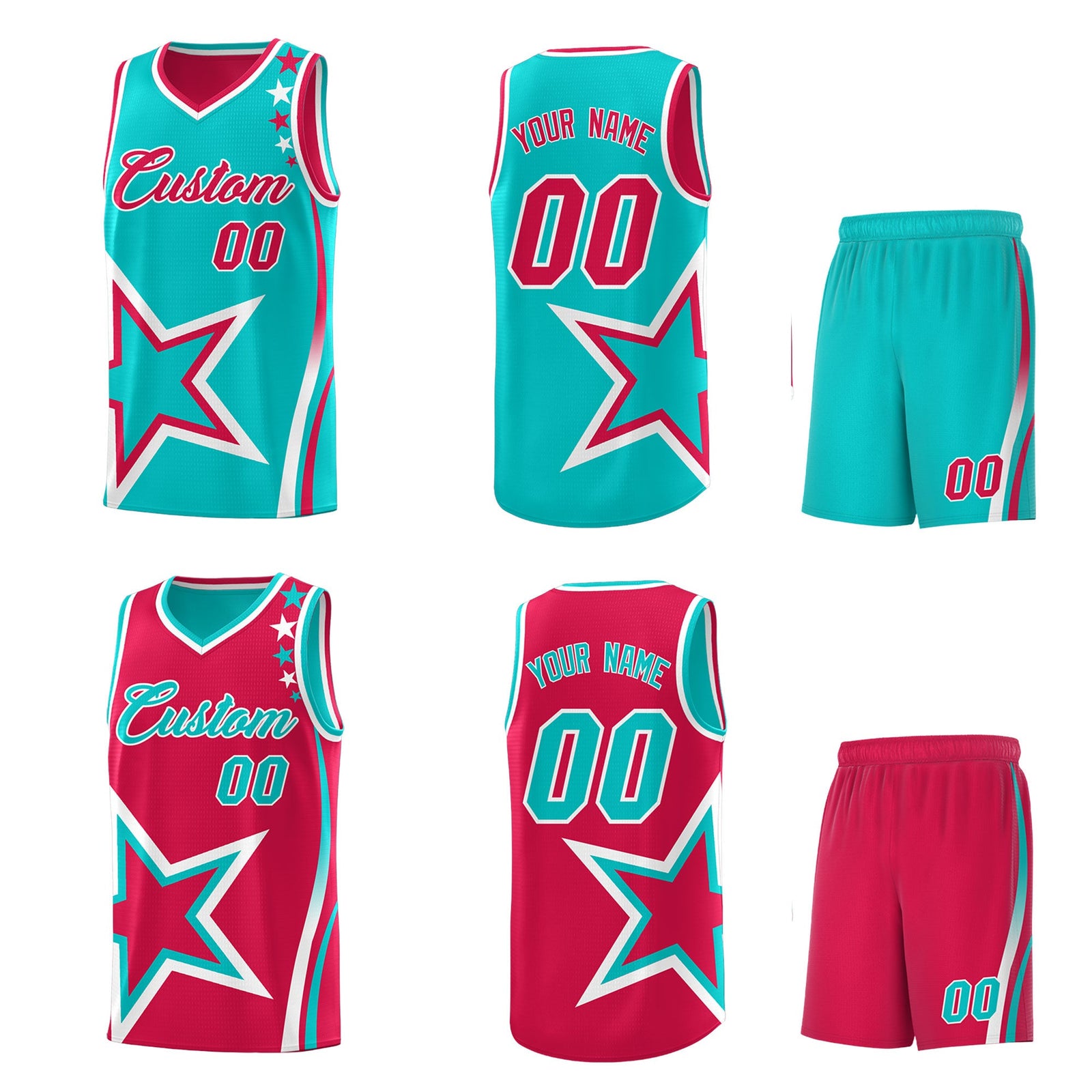 Custom Red Aqua White Star Series Reversible Sets Basketball Jersey| KXKSHOP