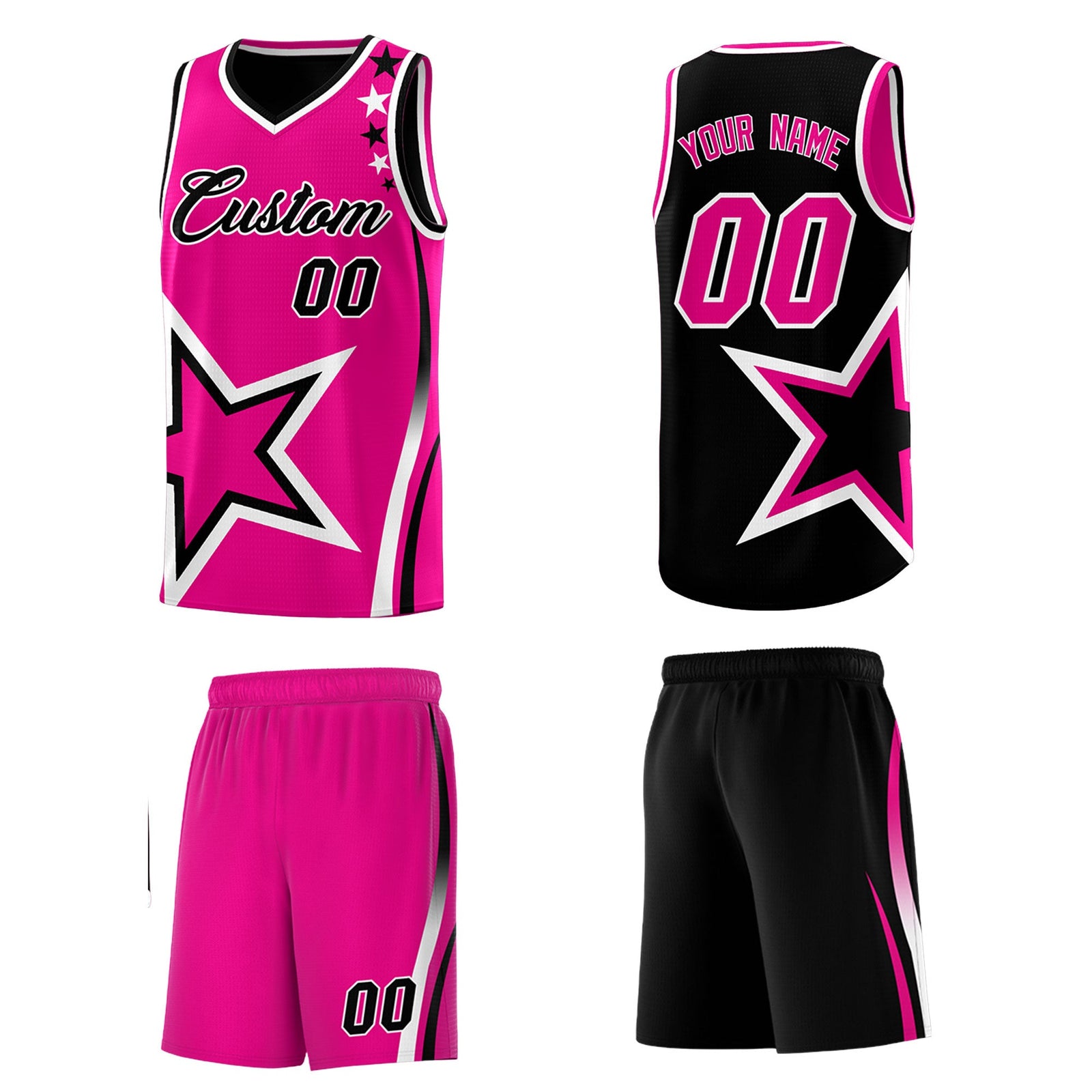 Custom Black Pink White Star Series Reversible Sets Basketball Jersey| KXKSHOP