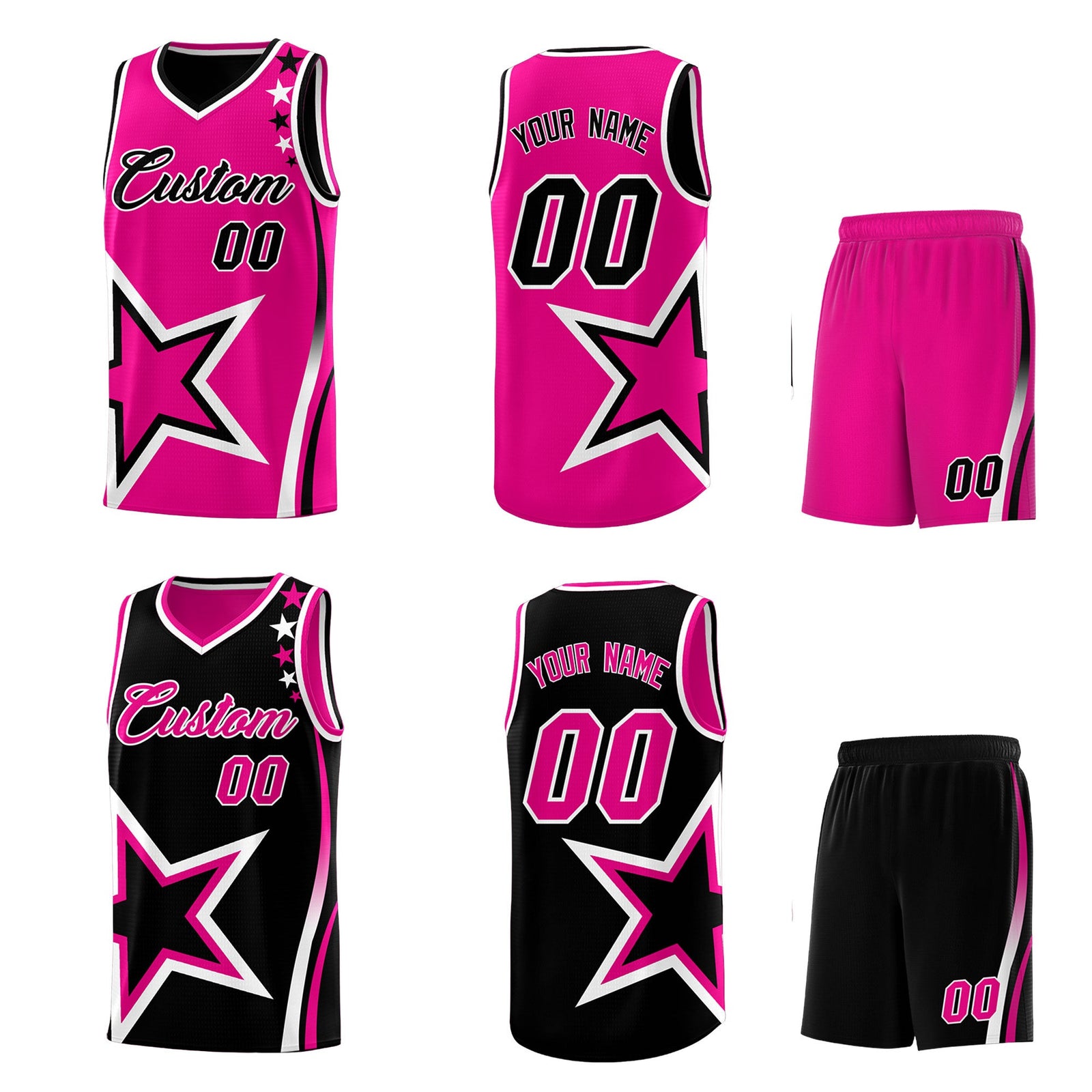 Custom Black Pink White Star Series Reversible Sets Basketball Jersey| KXKSHOP