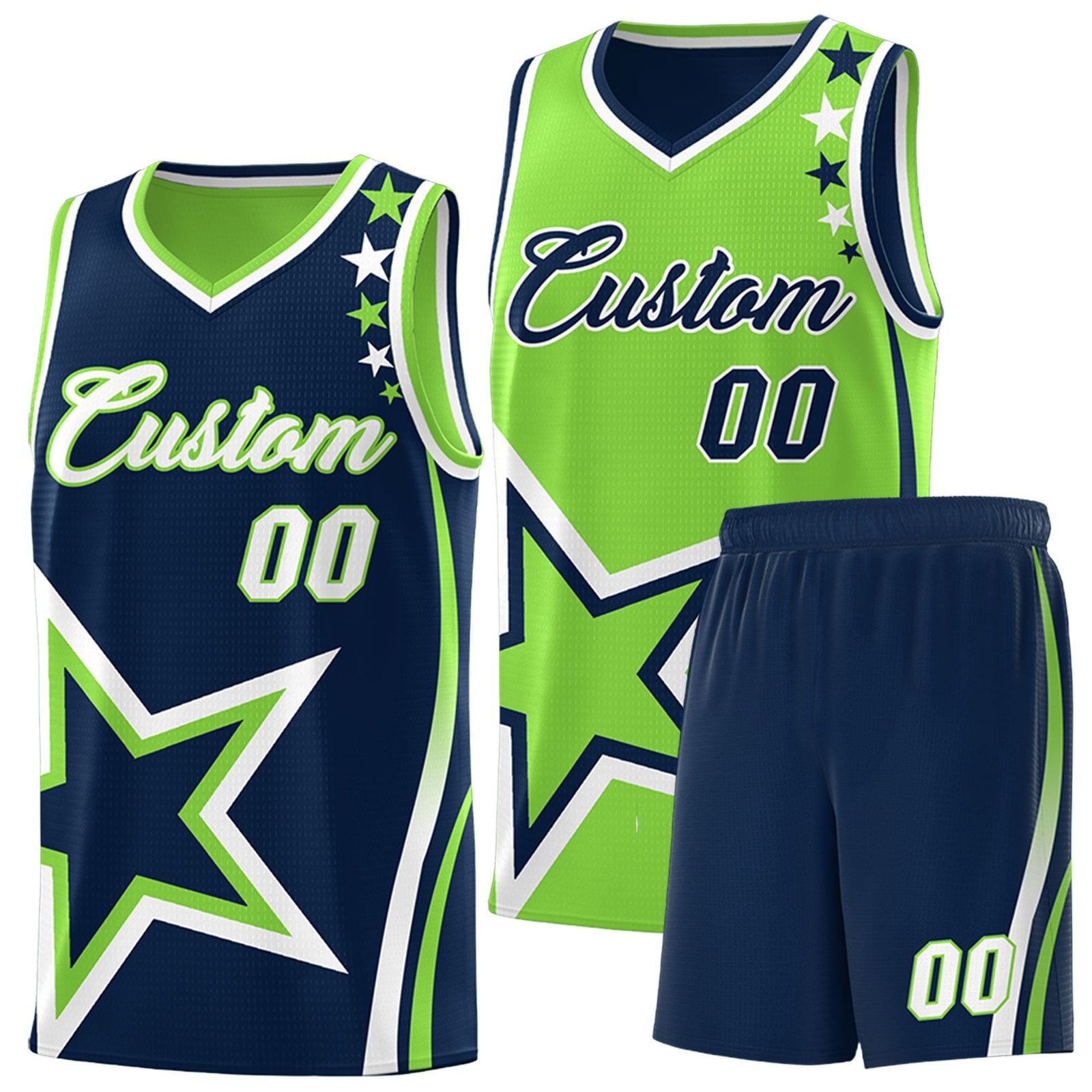 Custom Navy Fluorescent Green White Star Series Reversible Sets Basketball Jersey| KXKSHOP