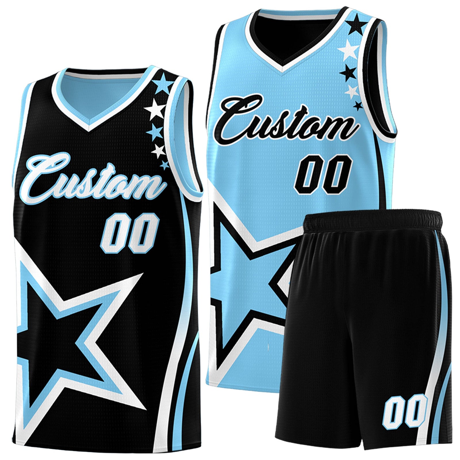 Custom Black Light Blue White Star Series Reversible Sets Basketball Jersey| KXKSHOP