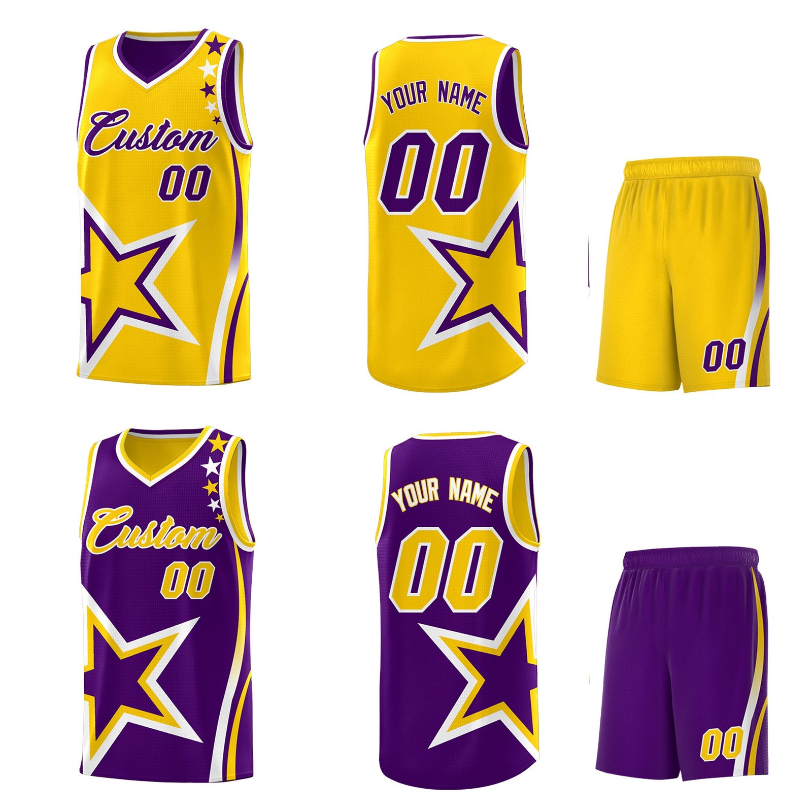 Custom Purple Gold White Star Series Reversible Sets Basketball Jersey| KXKSHOP