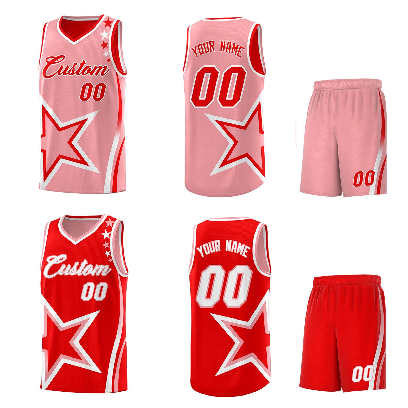 Custom Light Red Light Pink White Star Series Reversible Sets Basketball Jersey| KXKSHOP