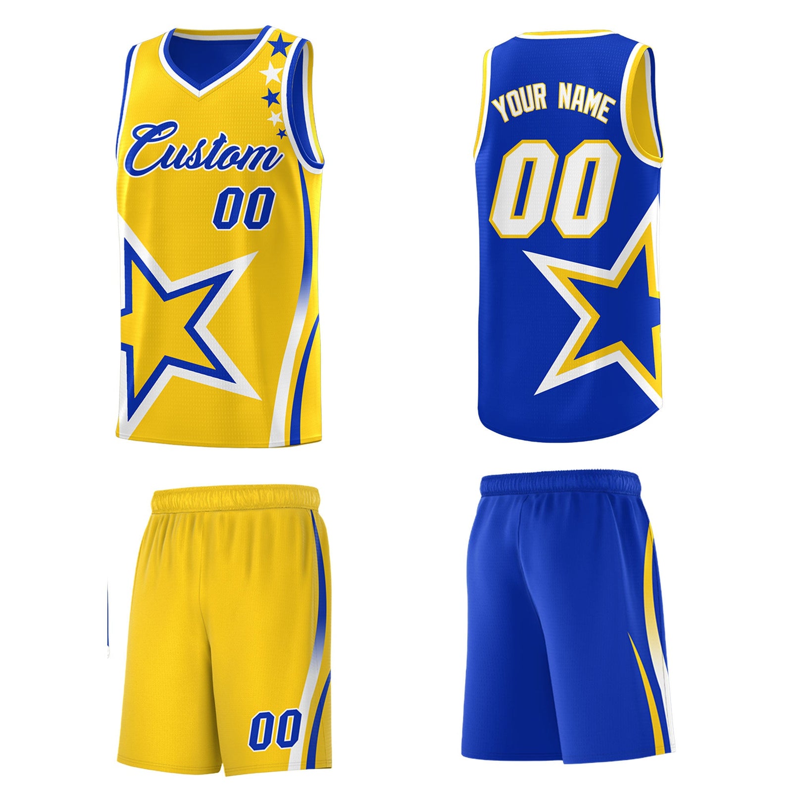 Custom Royal Blue Gold White Star Series Reversible Sets Basketball Jersey| KXKSHOP