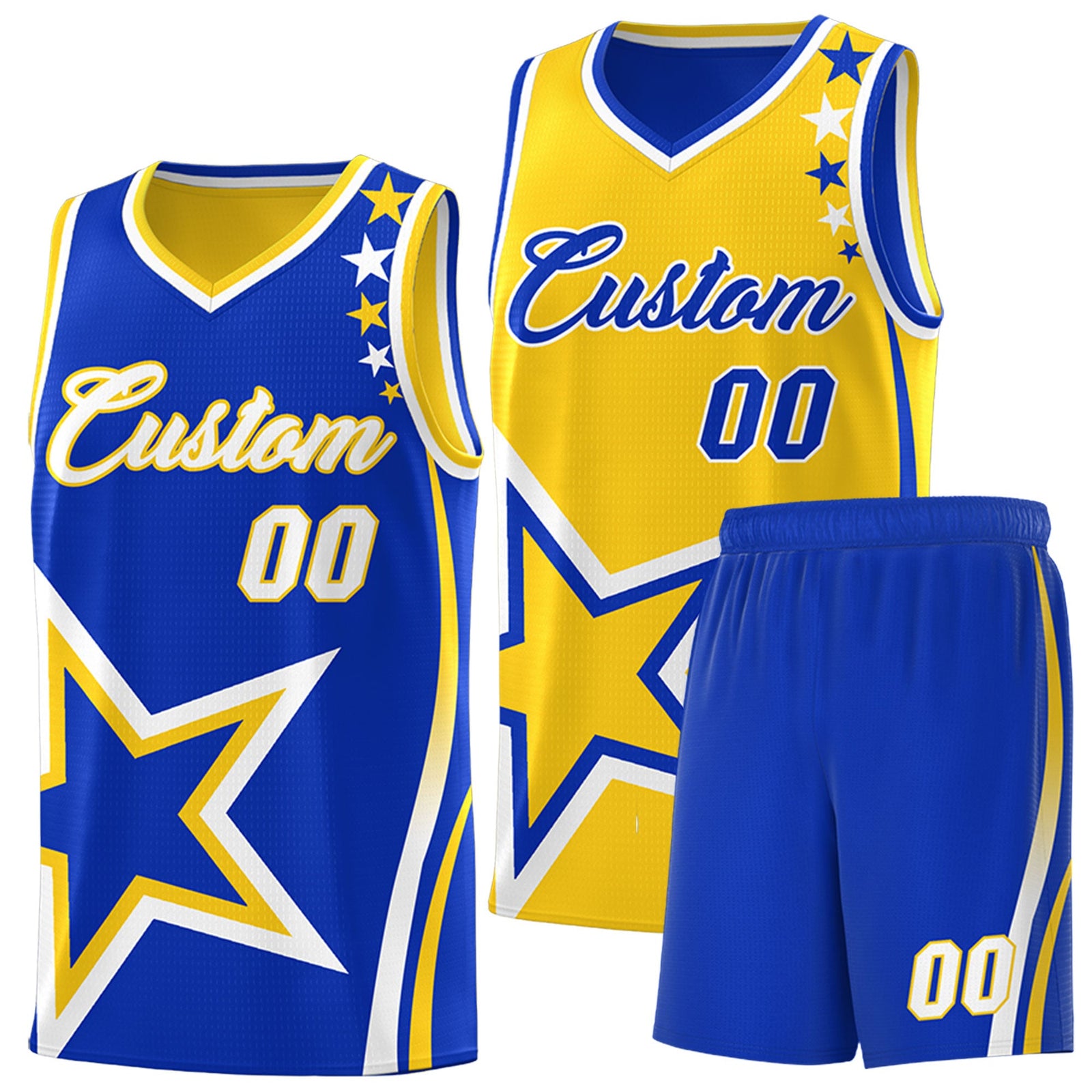 Custom Royal Blue Gold White Star Series Reversible Sets Basketball Jersey| KXKSHOP