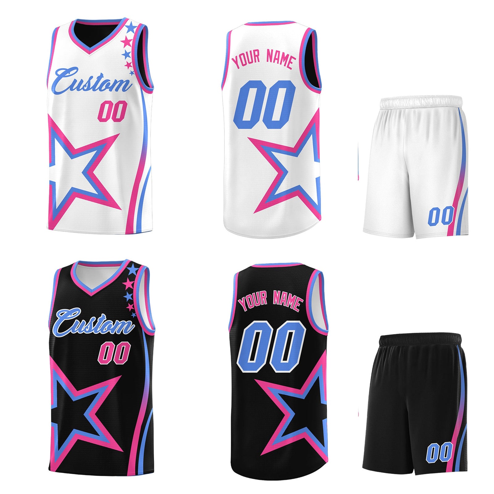Custom Black Light Blue Pink Star Series Reversible Sets Basketball Jersey| KXKSHOP