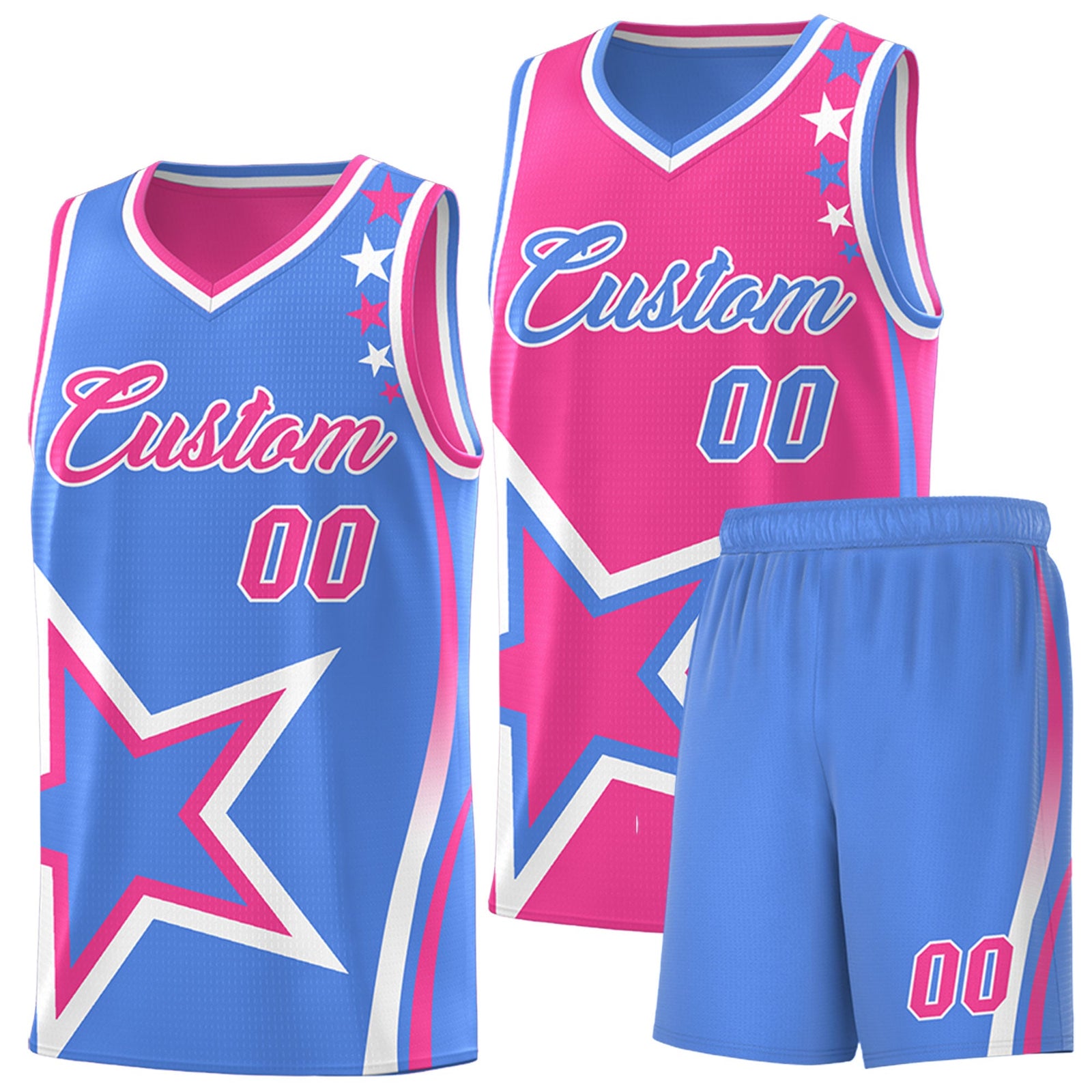 Custom Light Blue Pink White Star Series Reversible Sets Basketball Jersey| KXKSHOP