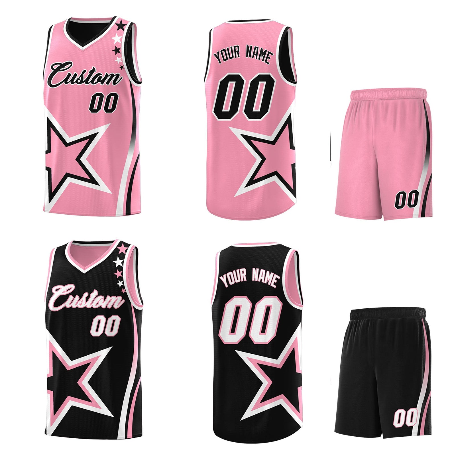 Custom Black Light Pink White Star Series Reversible Sets Basketball Jersey| KXKSHOP