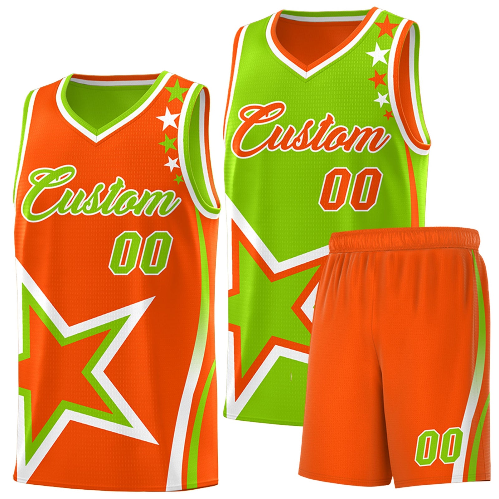 Custom Orange Neon Green White Star Series Reversible Sets Basketball Jersey| KXKSHOP