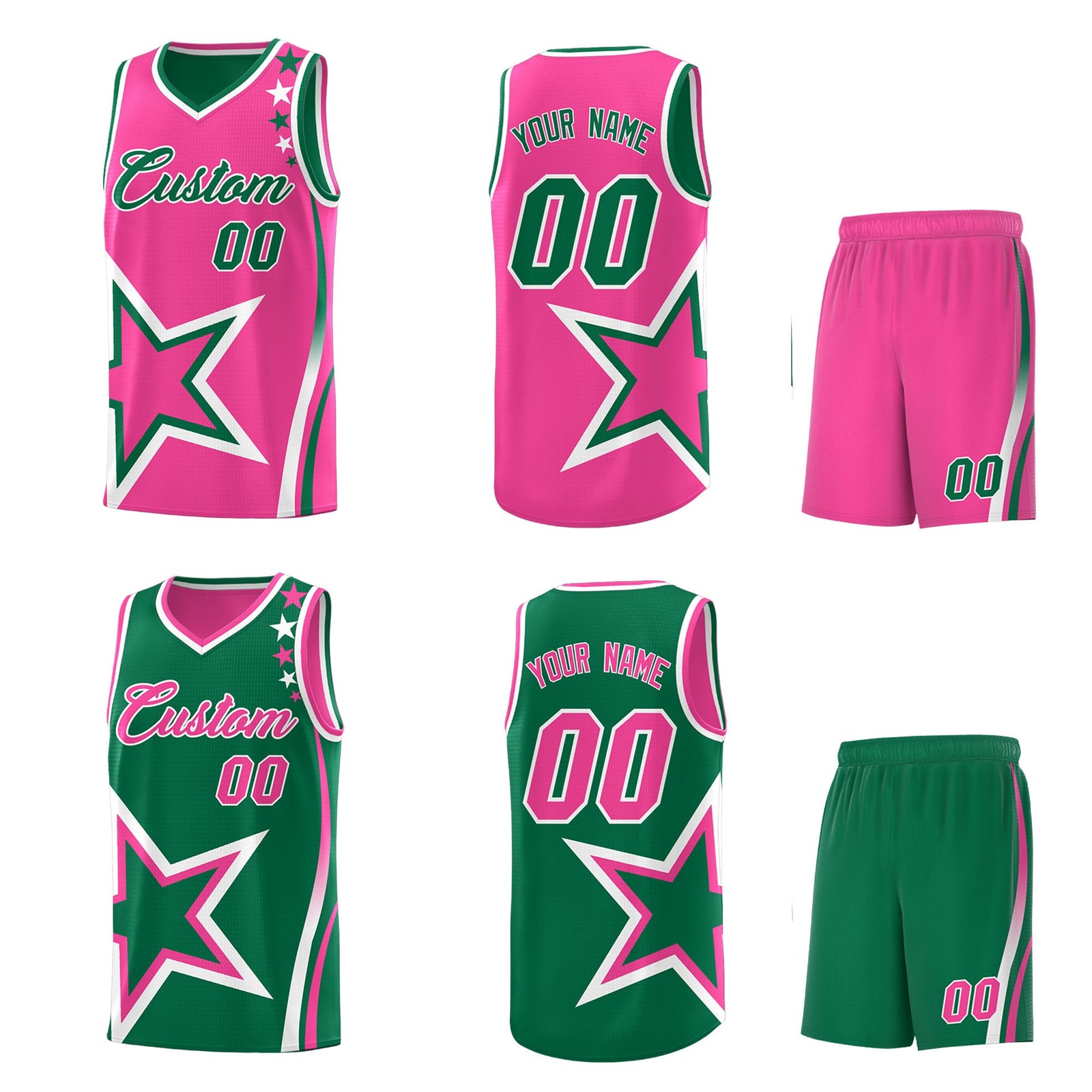 Custom Kelly Green Pink White Star Series Reversible Sets Basketball Jersey| KXKSHOP