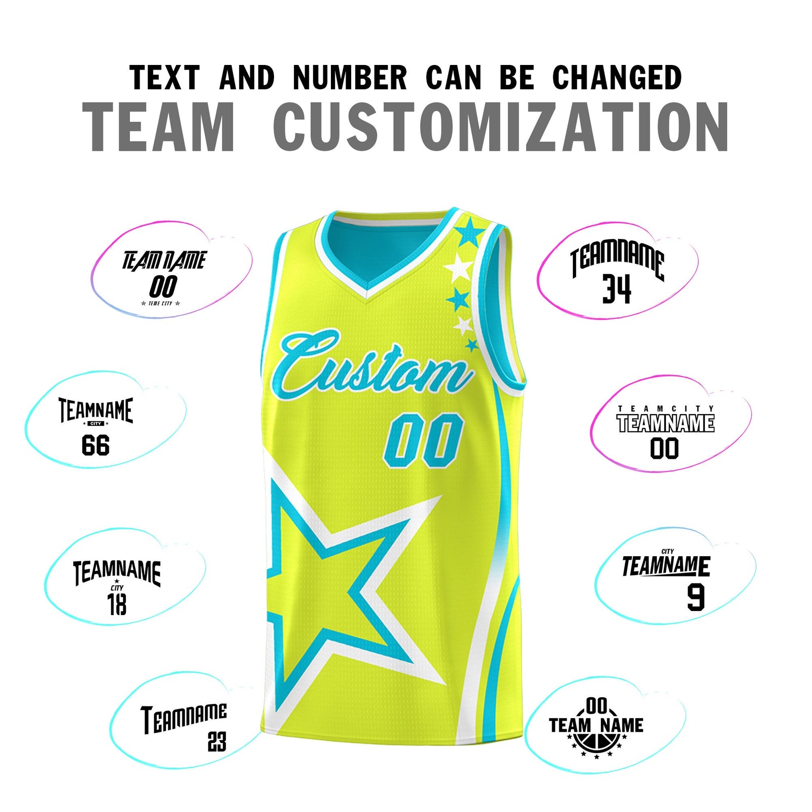 Custom Sky Blue Fluorescent Green White Star Series Reversible Sets Basketball Jersey| KXKSHOP