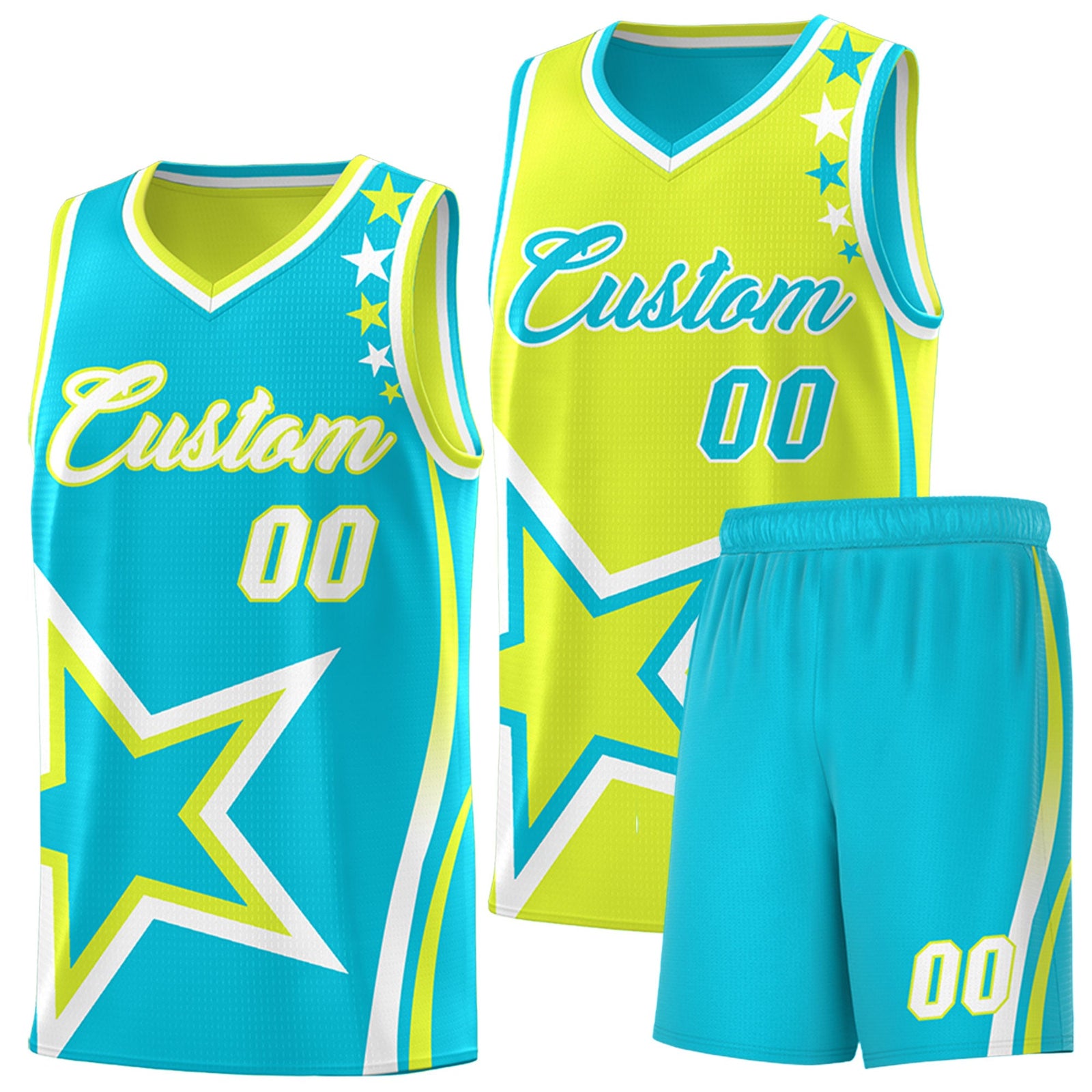 Custom Sky Blue Fluorescent Green White Star Series Reversible Sets Basketball Jersey| KXKSHOP
