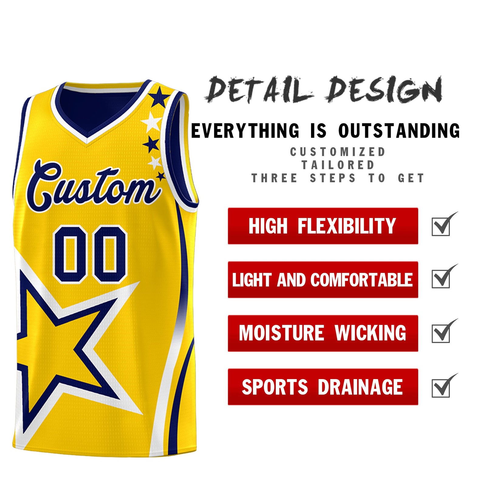 Custom Navy Gold White Star Series Reversible Sets Basketball Jersey| KXKSHOP