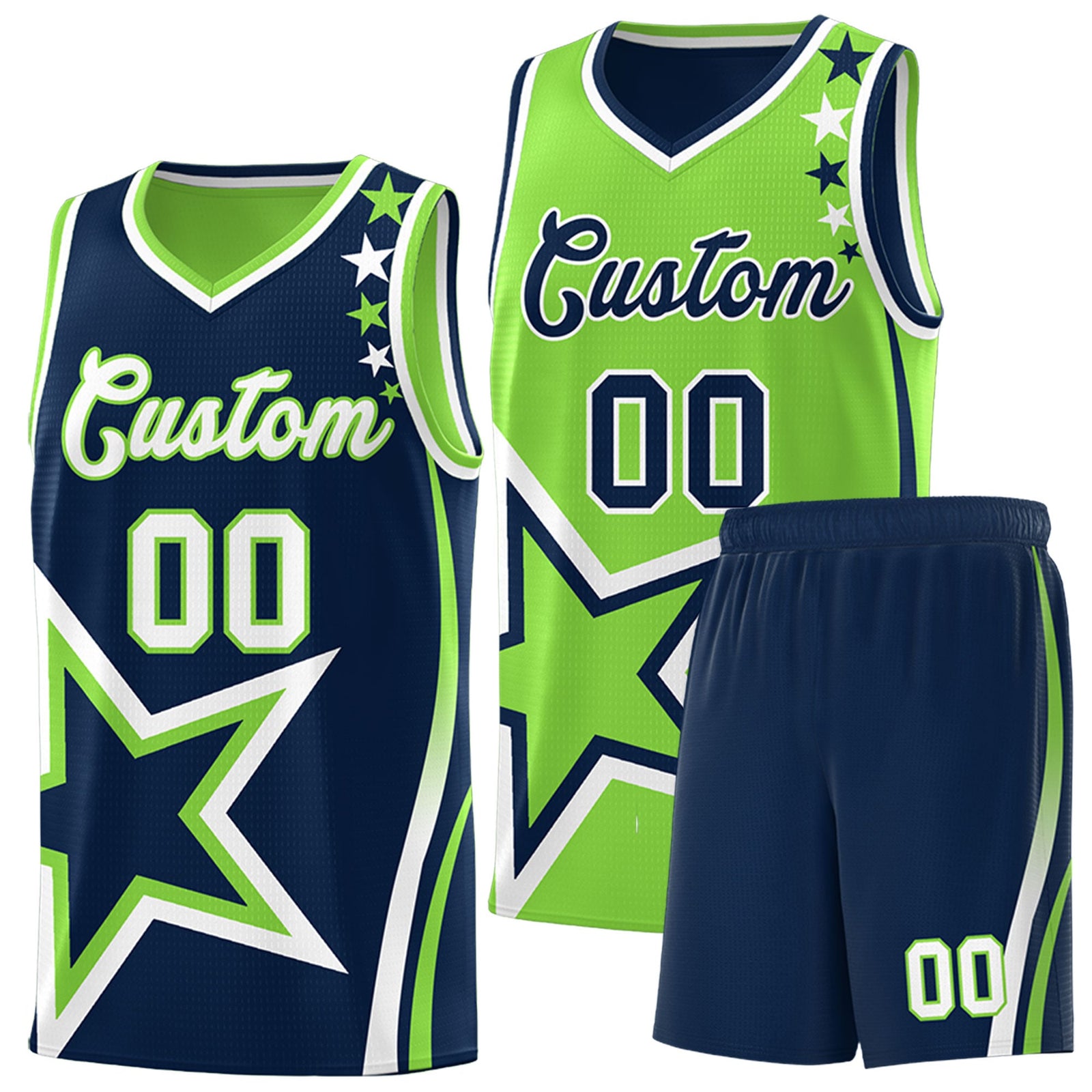 Custom Navy Fluorescent Green White Star Series Reversible Sets Basketball Jersey| KXKSHOP