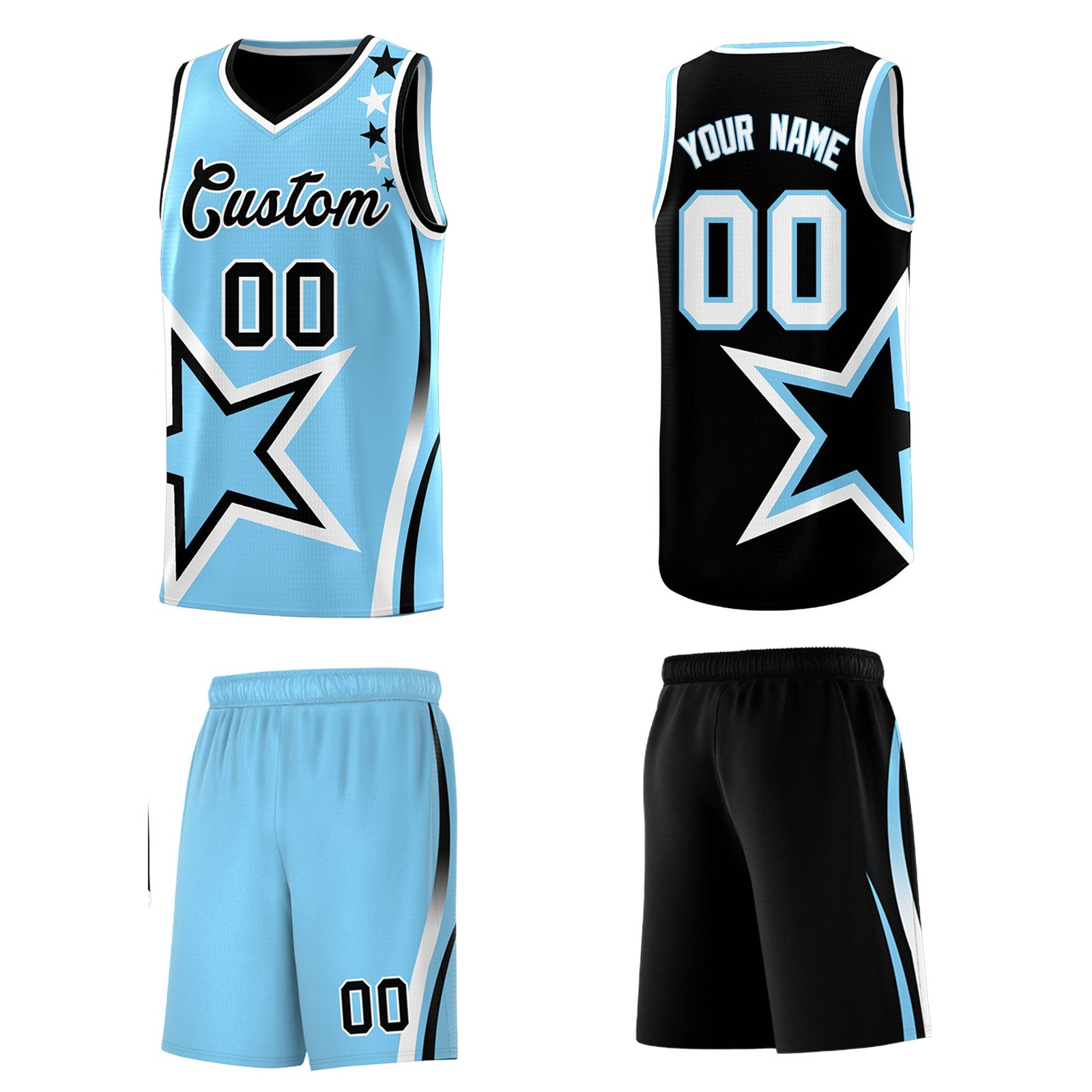 Custom Black Light Blue White Star Series Reversible Sets Basketball Jersey| KXKSHOP