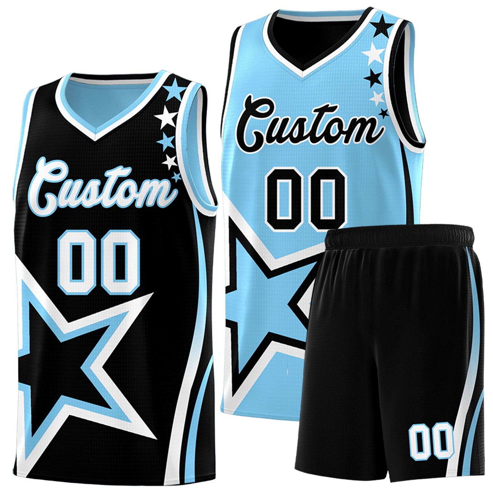 Custom Black Light Blue White Star Series Reversible Sets Basketball Jersey| KXKSHOP