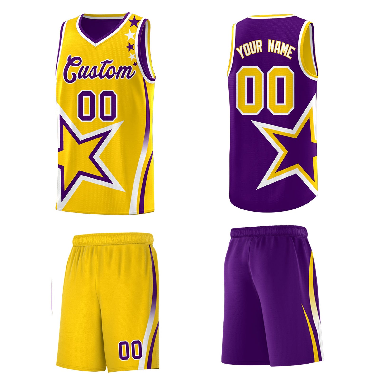 Custom Purple Gold White Star Series Reversible Sets Basketball Jersey| KXKSHOP