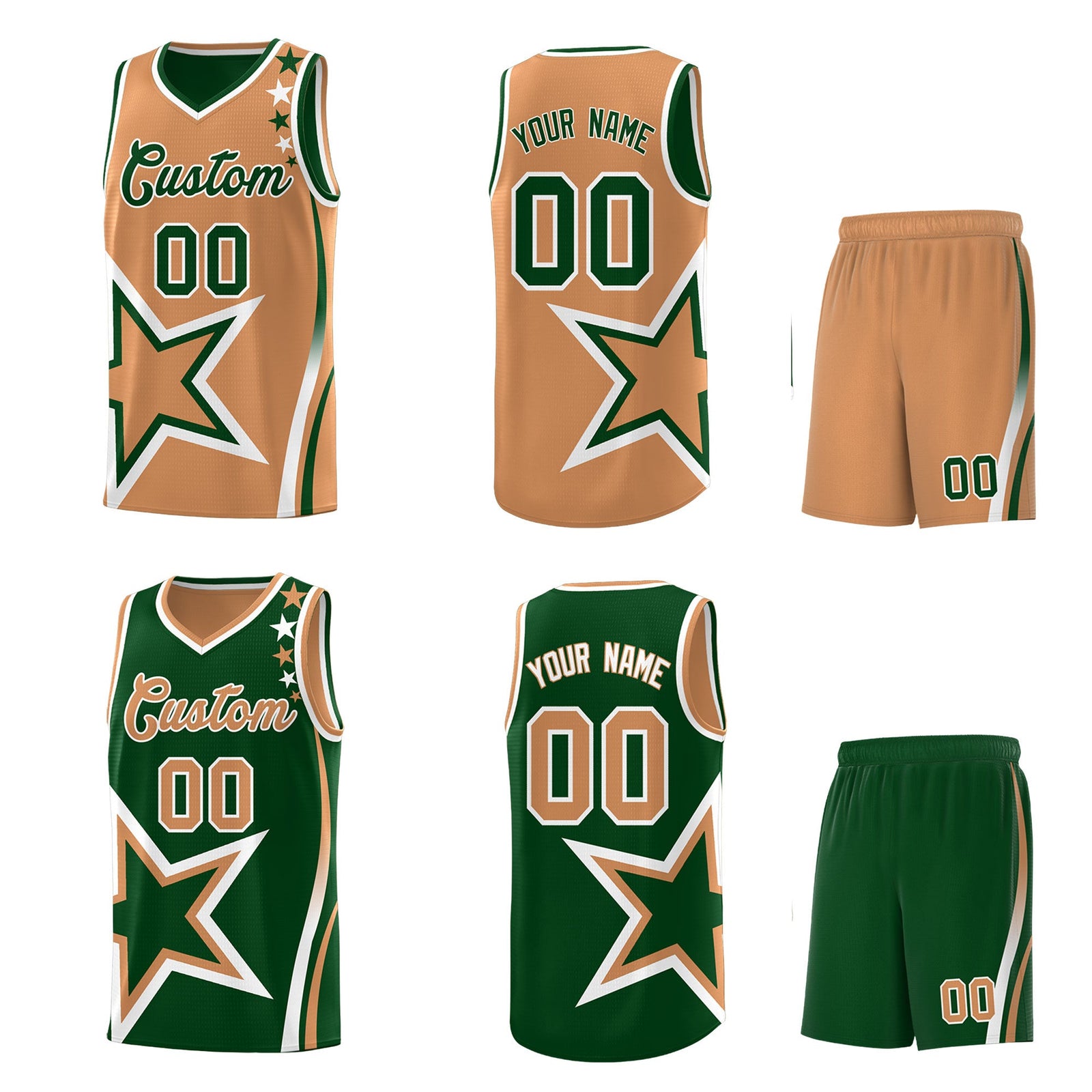 Custom Green Buckskin Brown White Star Series Reversible Sets Basketball Jersey| KXKSHOP