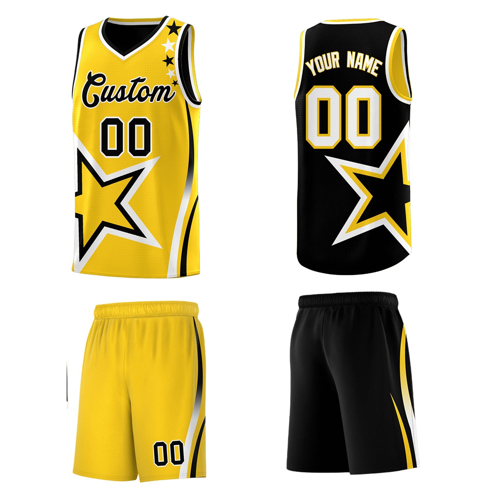 Custom Black Gold White Star Series Reversible Sets Basketball Jersey| KXKSHOP