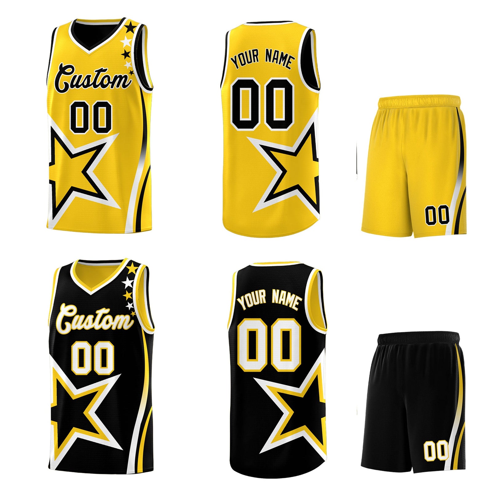 Custom Black Gold White Star Series Reversible Sets Basketball Jersey| KXKSHOP