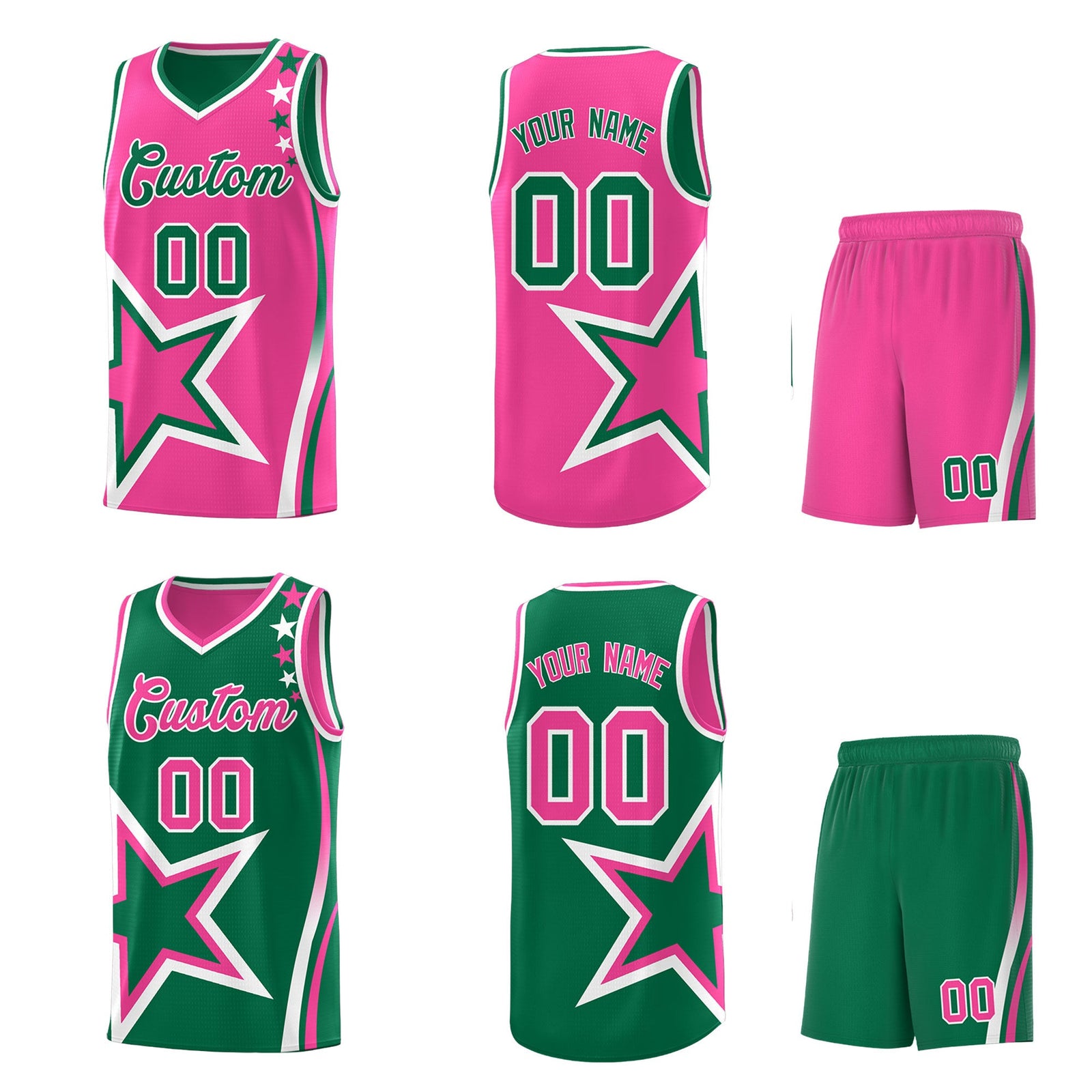 Custom Kelly Green Pink White Star Series Reversible Sets Basketball Jersey| KXKSHOP