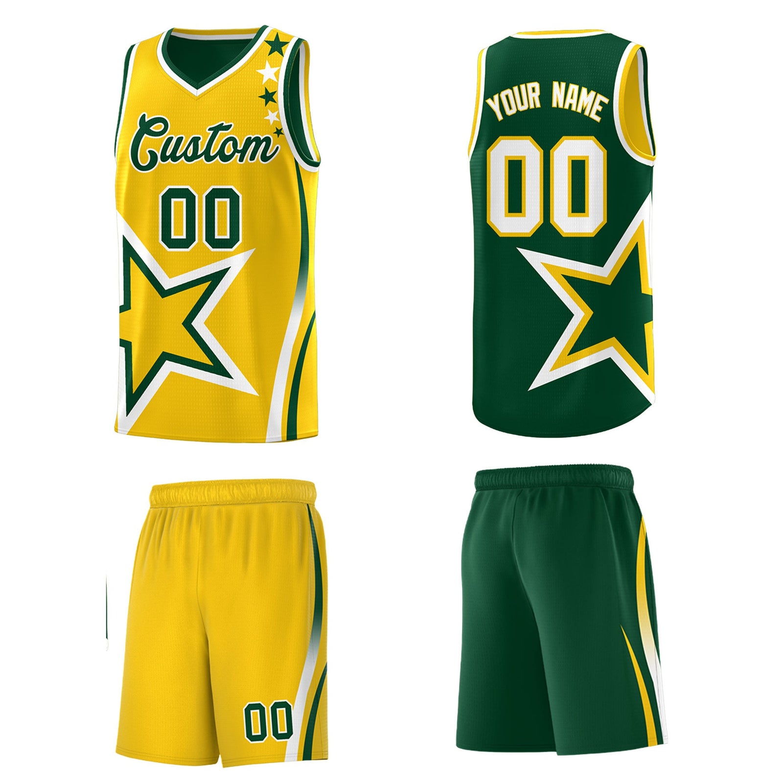 Custom Green Gold White Star Series Reversible Sets Basketball Jersey| KXKSHOP