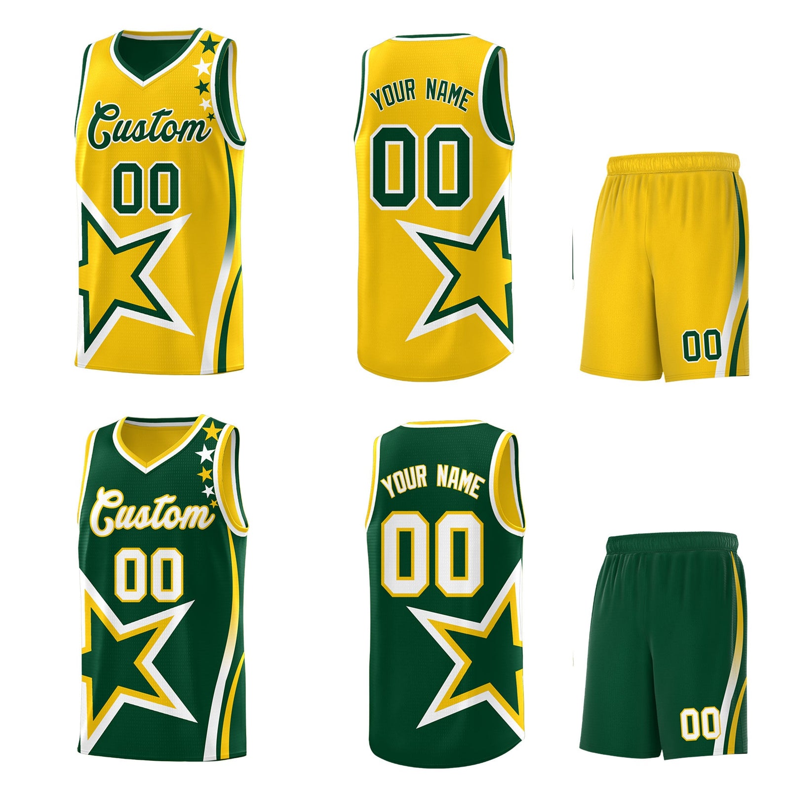Custom Green Gold White Star Series Reversible Sets Basketball Jersey| KXKSHOP