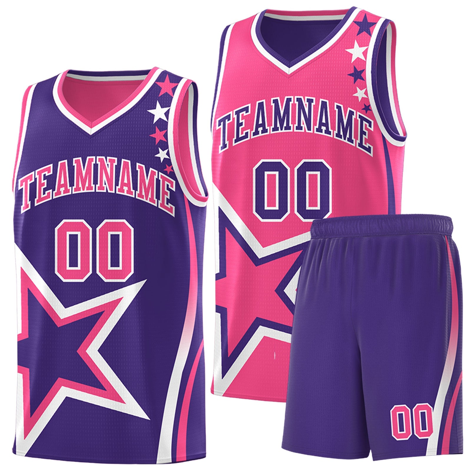 Custom Purple Pink White Star Series Reversible Sets Basketball Jersey| KXKSHOP