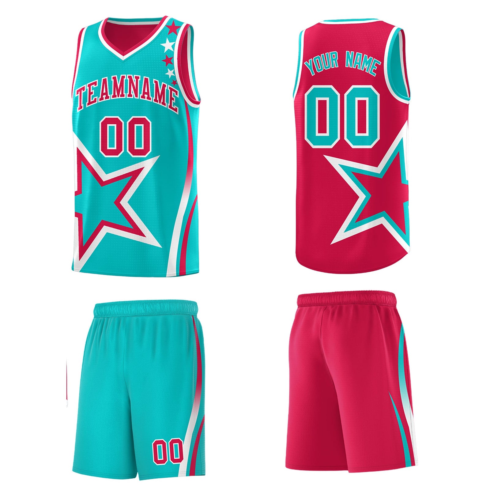 Custom Red Aqua White Star Series Reversible Sets Basketball Jersey| KXKSHOP