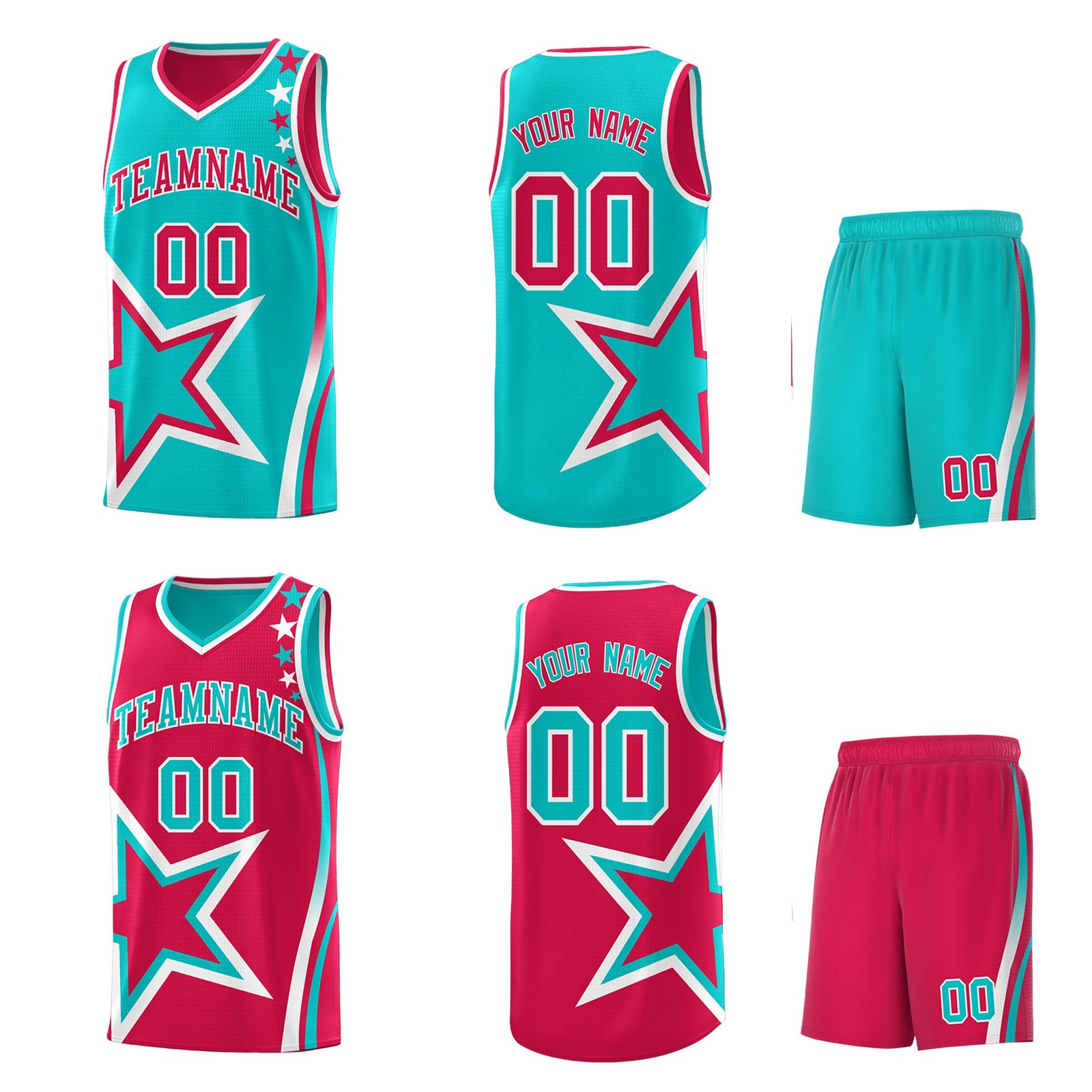 Custom Red Aqua White Star Series Reversible Sets Basketball Jersey| KXKSHOP