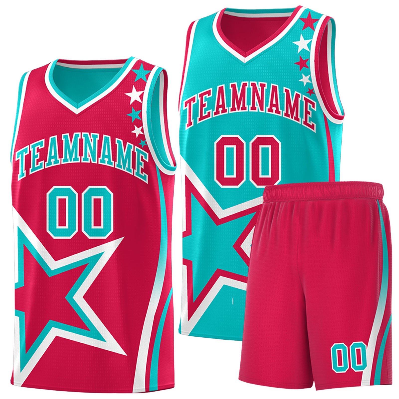 Custom Red Aqua White Star Series Reversible Sets Basketball Jersey| KXKSHOP